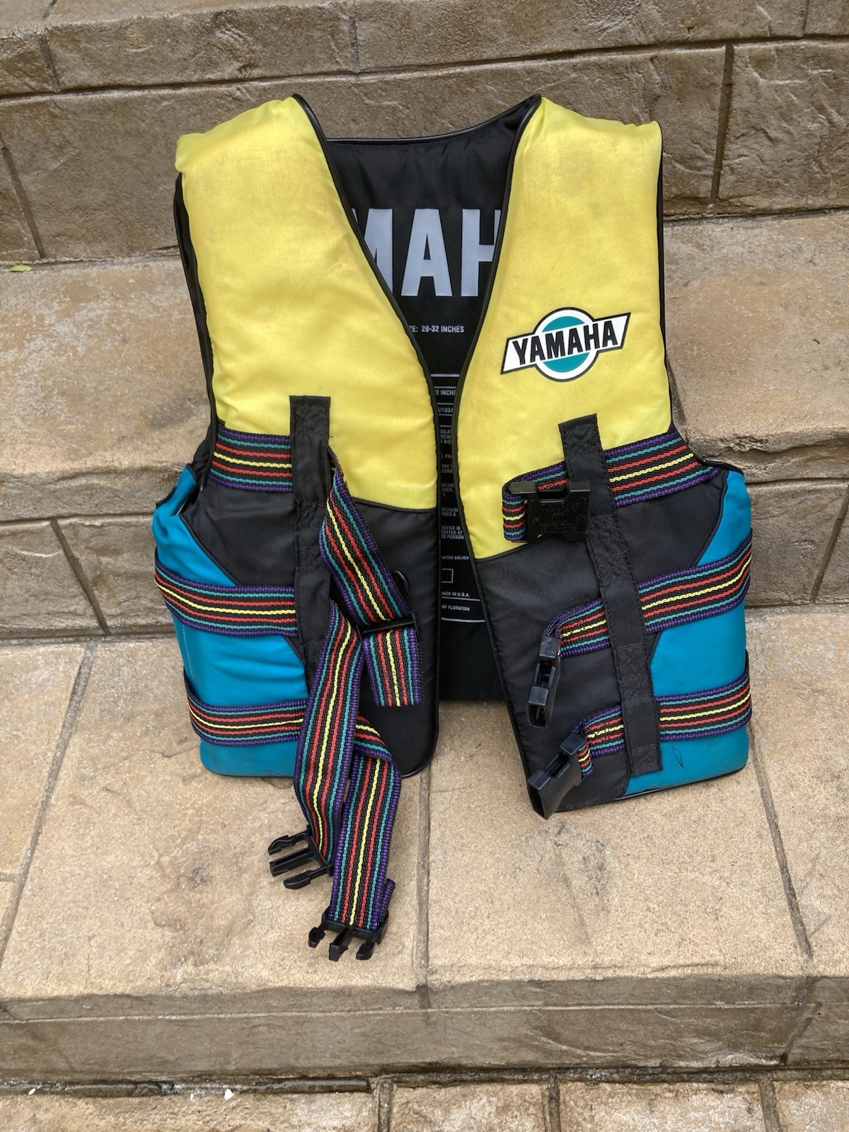 Vintage Yamaha Water Sports Life Jacket Vest 90s Yellow Teal Neon Adult X Small