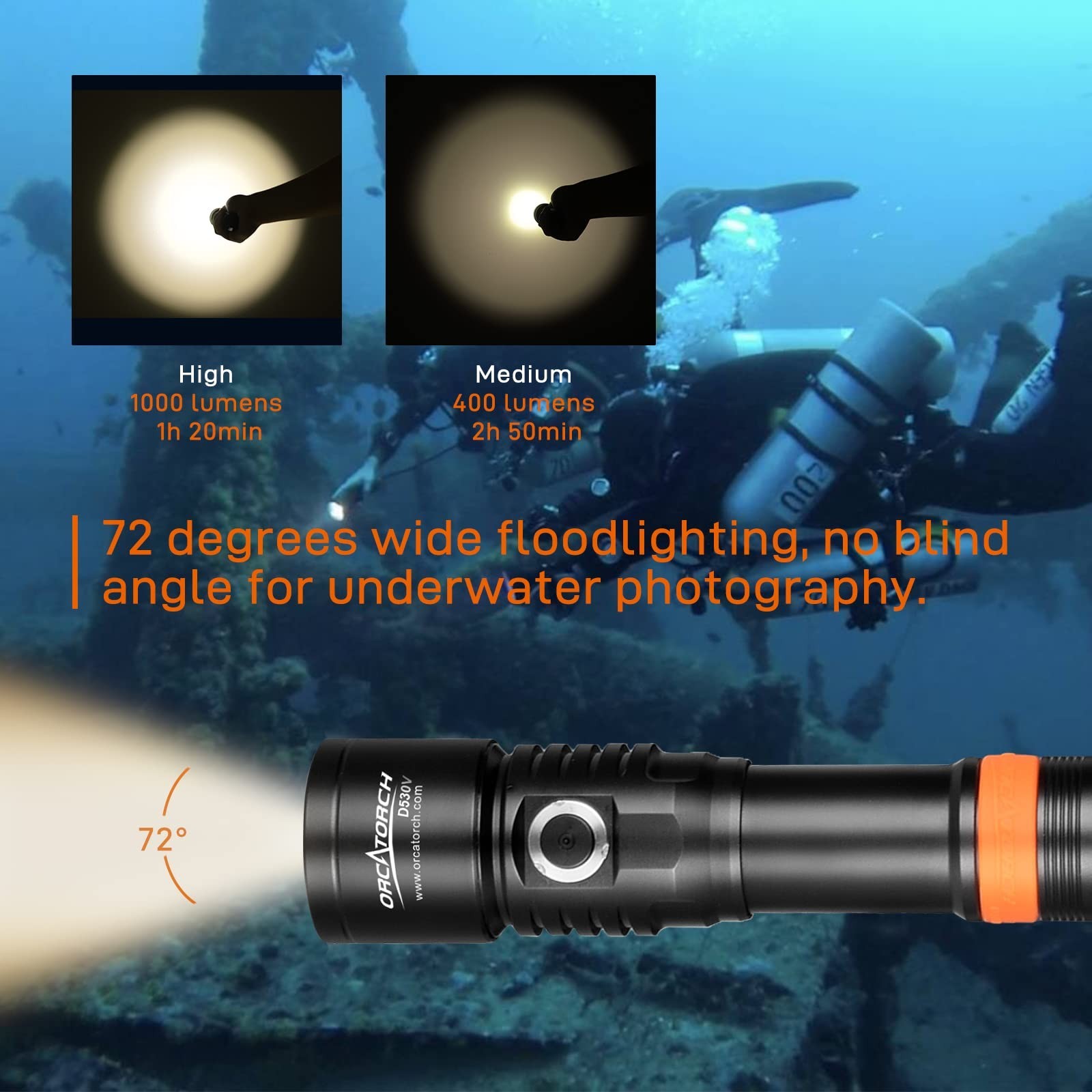 ORCATORCH D530V 1000 Lumen Scuba Dive Video Light 120 Degrees Wide Beam Angle…
