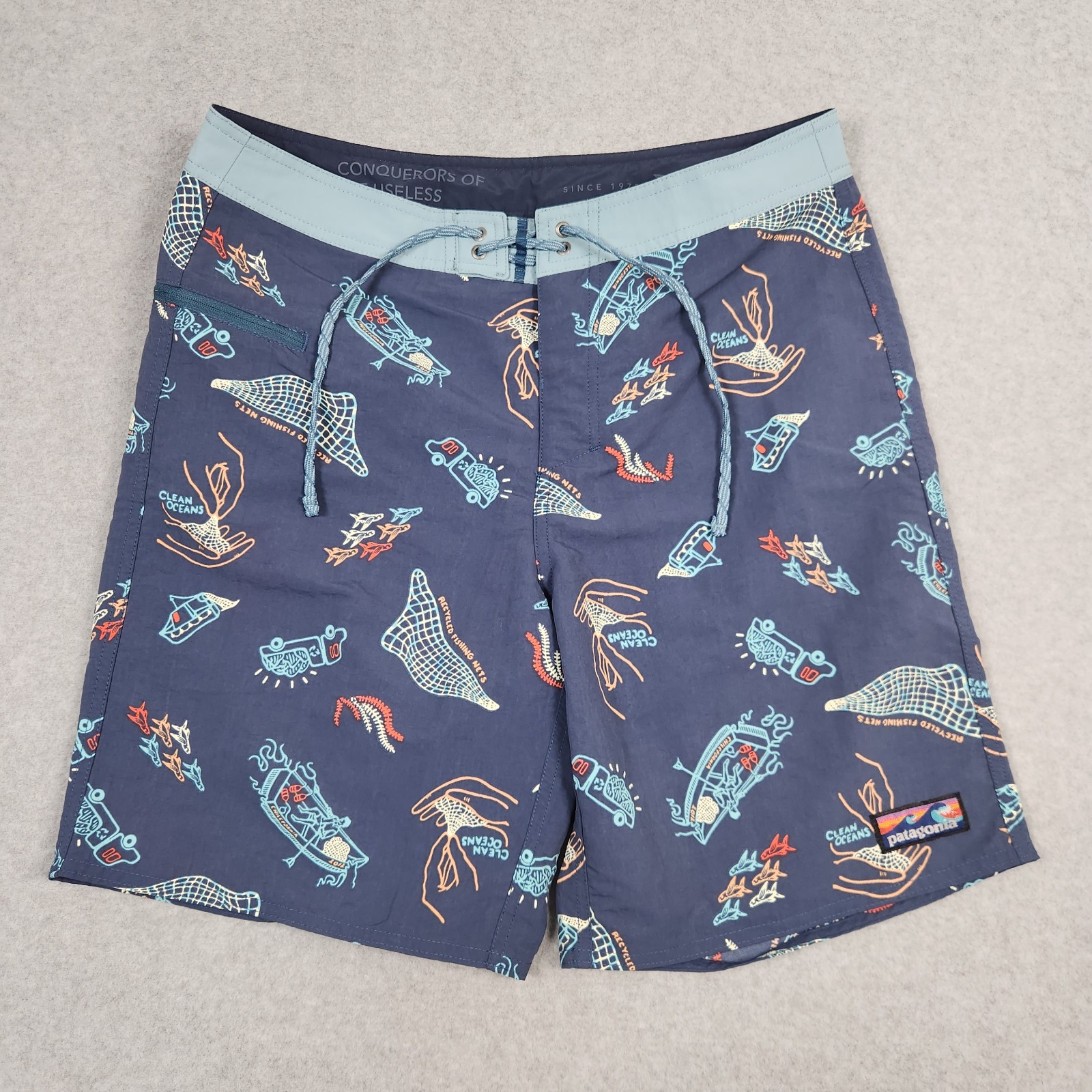 Patagonia Board Shorts Mens 31 Blue Netplus Pattern Wavefarer Stretch Swim Beach