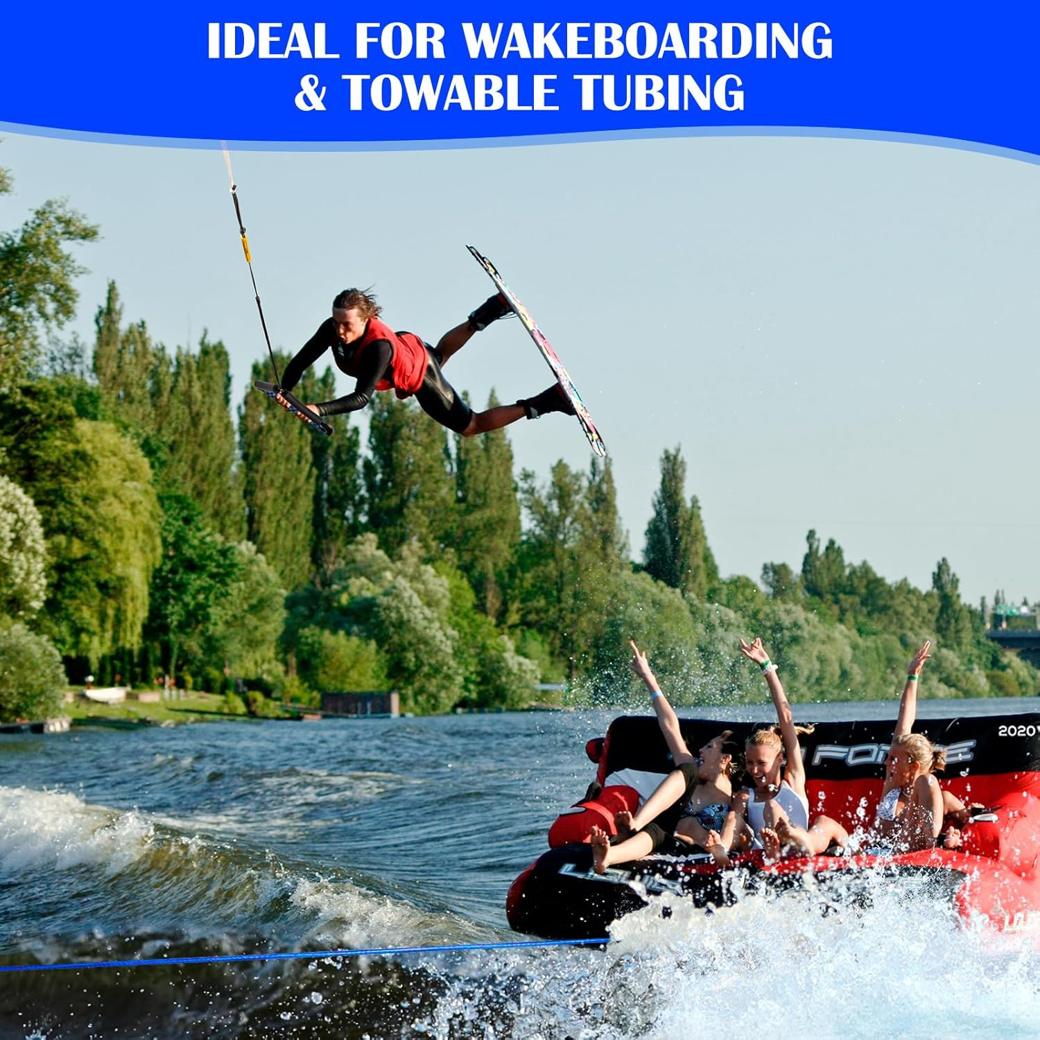 75FT Dyneema Wakeboard Rope Handle 4 Section Floating Tow Rope