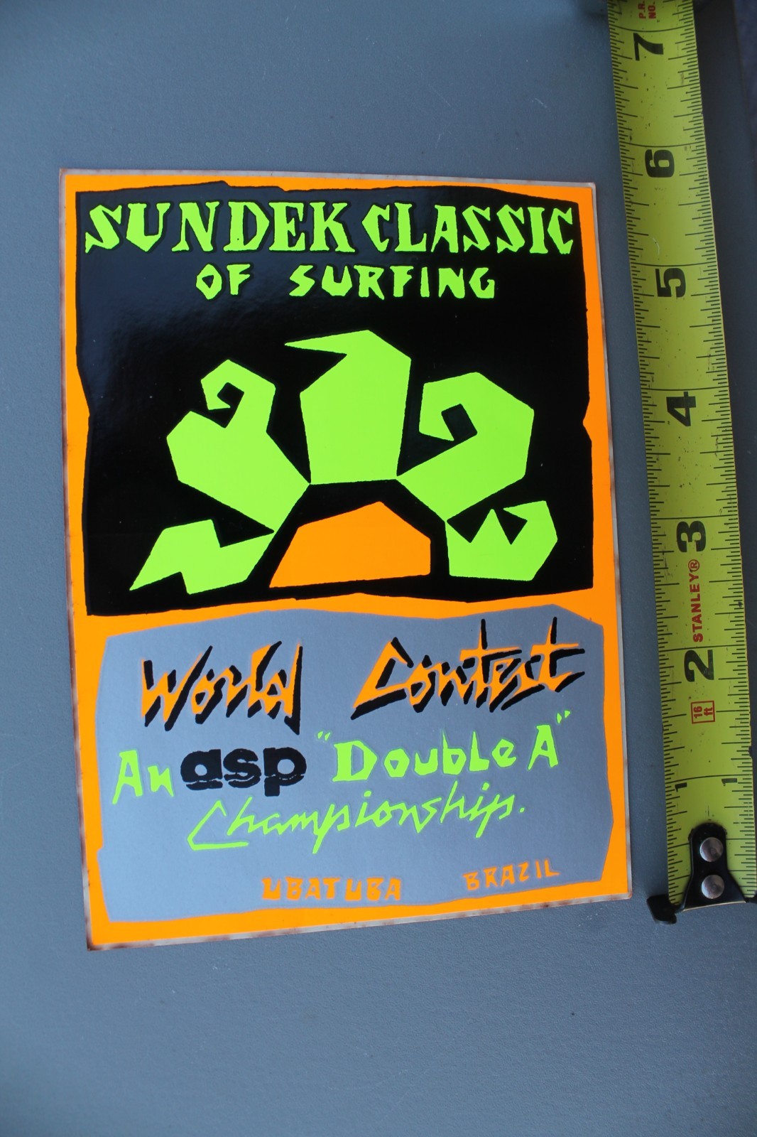 Sundek ASP Surf Brazil Contest Neon 80’s Orange Rare V4A Vintage Surfing STICKER