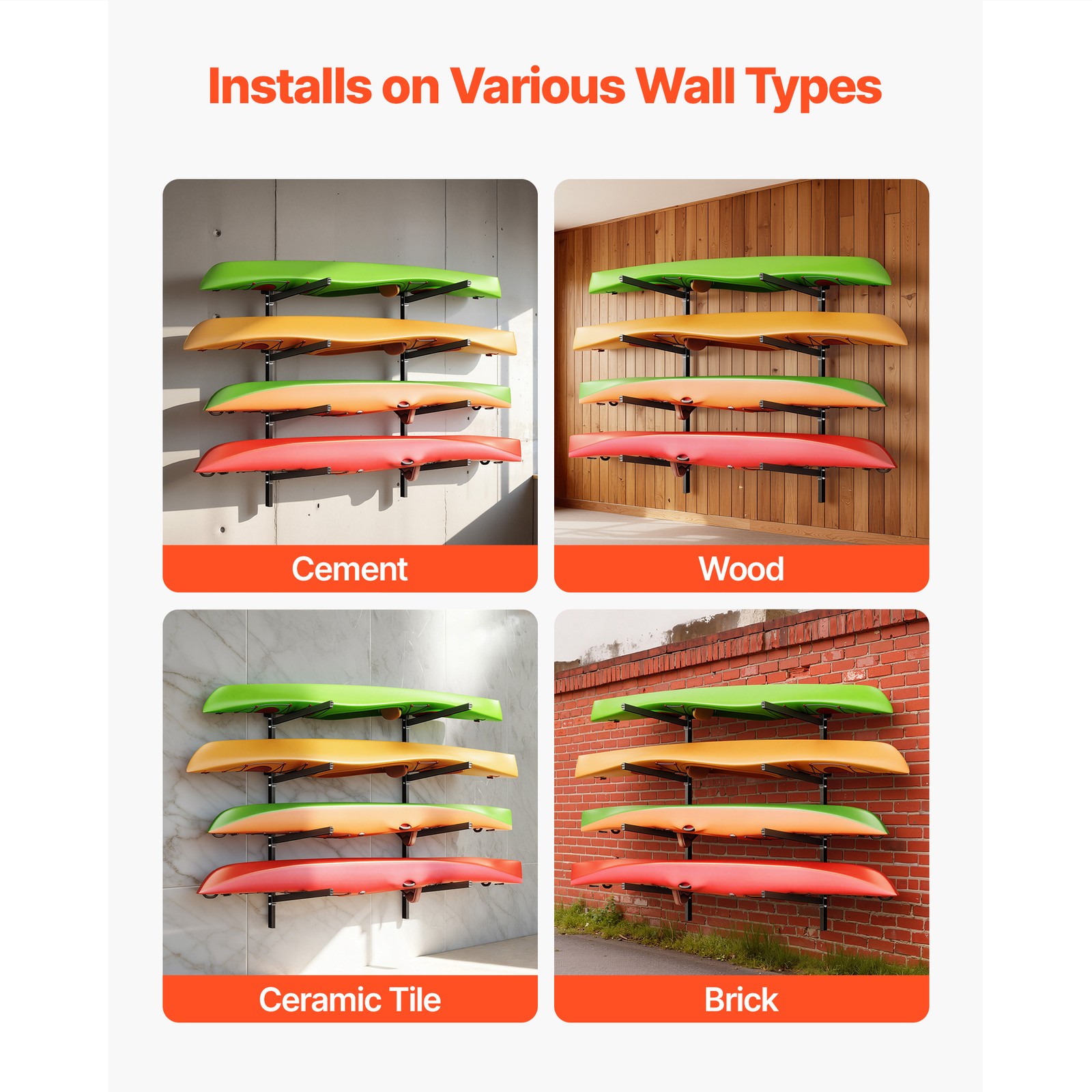 Uimoso Wall-Mounted Rack for Kayaks and Paddleboards, 4 Units, 300 lbs Capacity
