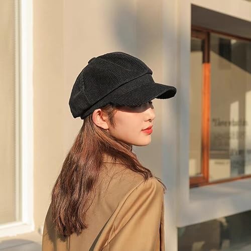 Men Women Retro 8 Panels Corduroy-Newsboy Hat with Brim Y2k Medium-Large Black