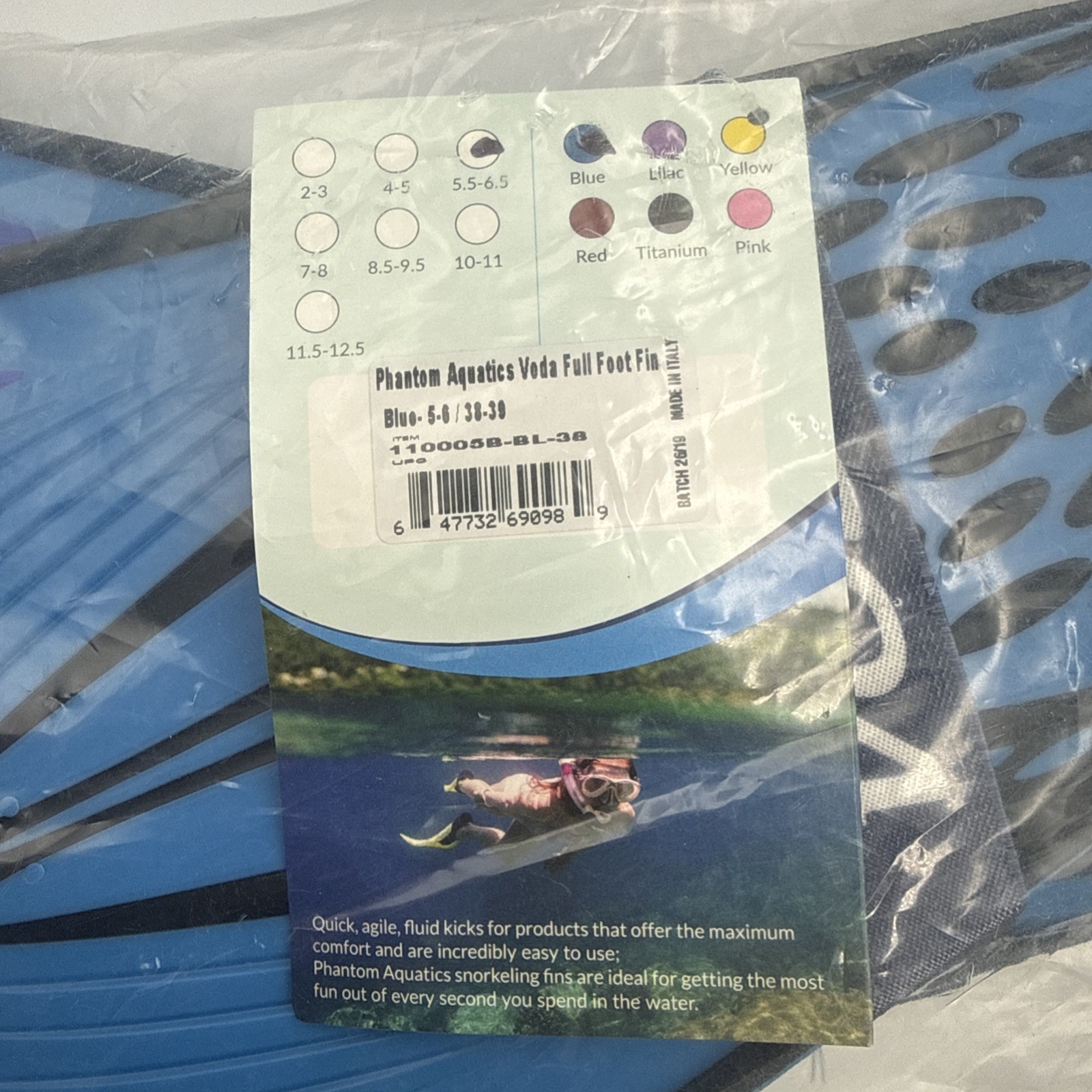 Phantom Aquatics Full Foot Premium Voda Snorkeling Swim Fins Flippers 5.5-6.5