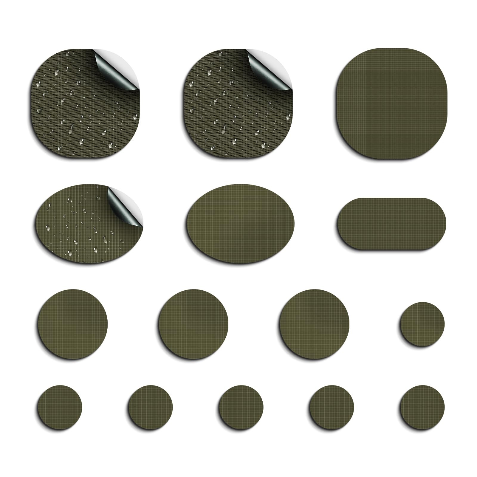 Self-Adhesive Nylon Patches Tent Repair Kit – Three Sizes, Pre-Cut-Army Green