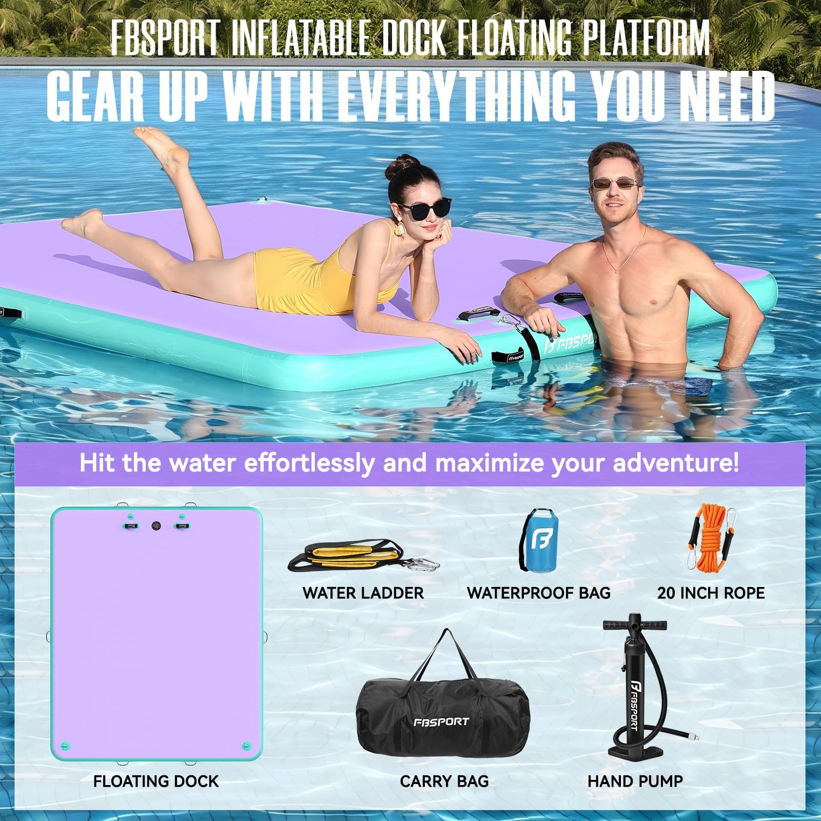FBSPORT Inflatable Floating Dock Lake Floats for 6 x 5 ft, Green/Purple