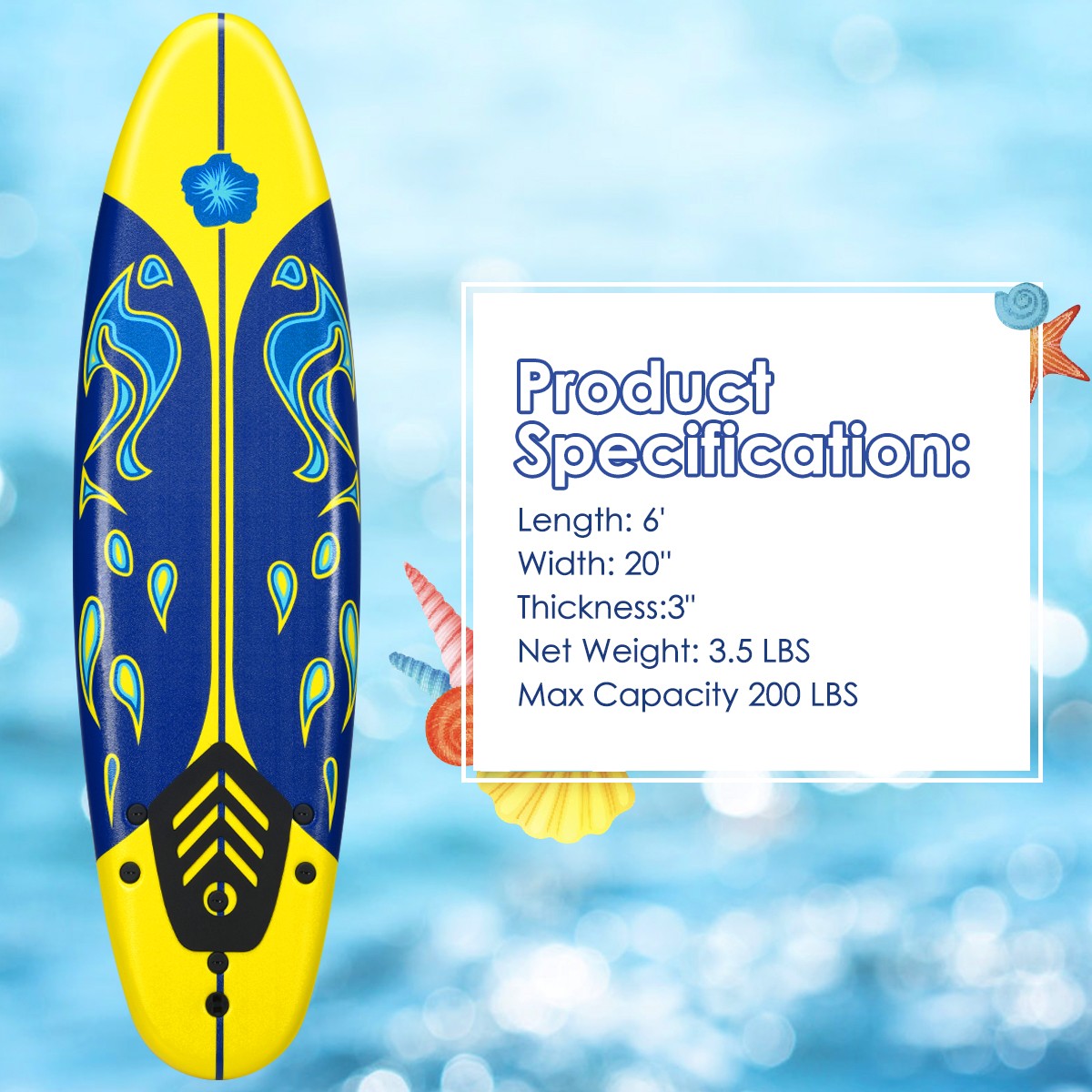 6′ Surfboard Foamie Body Surfing Board W/3 Fins & Leash for Kids Adults Yellow