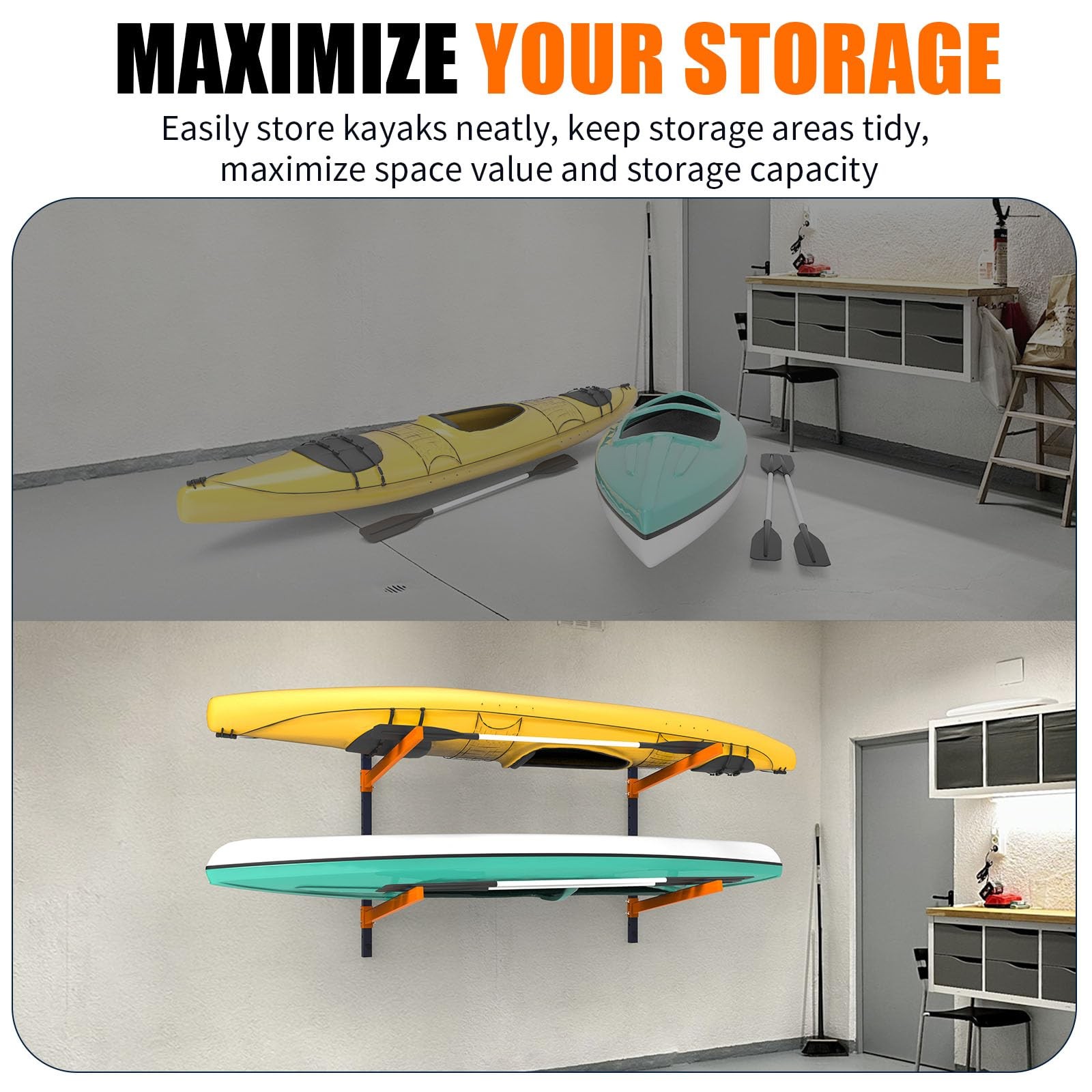 UOKRR Heavy Duty Adjustable Wall Mount Kayak Storage Rack for 2 Kayaks Garage Ou