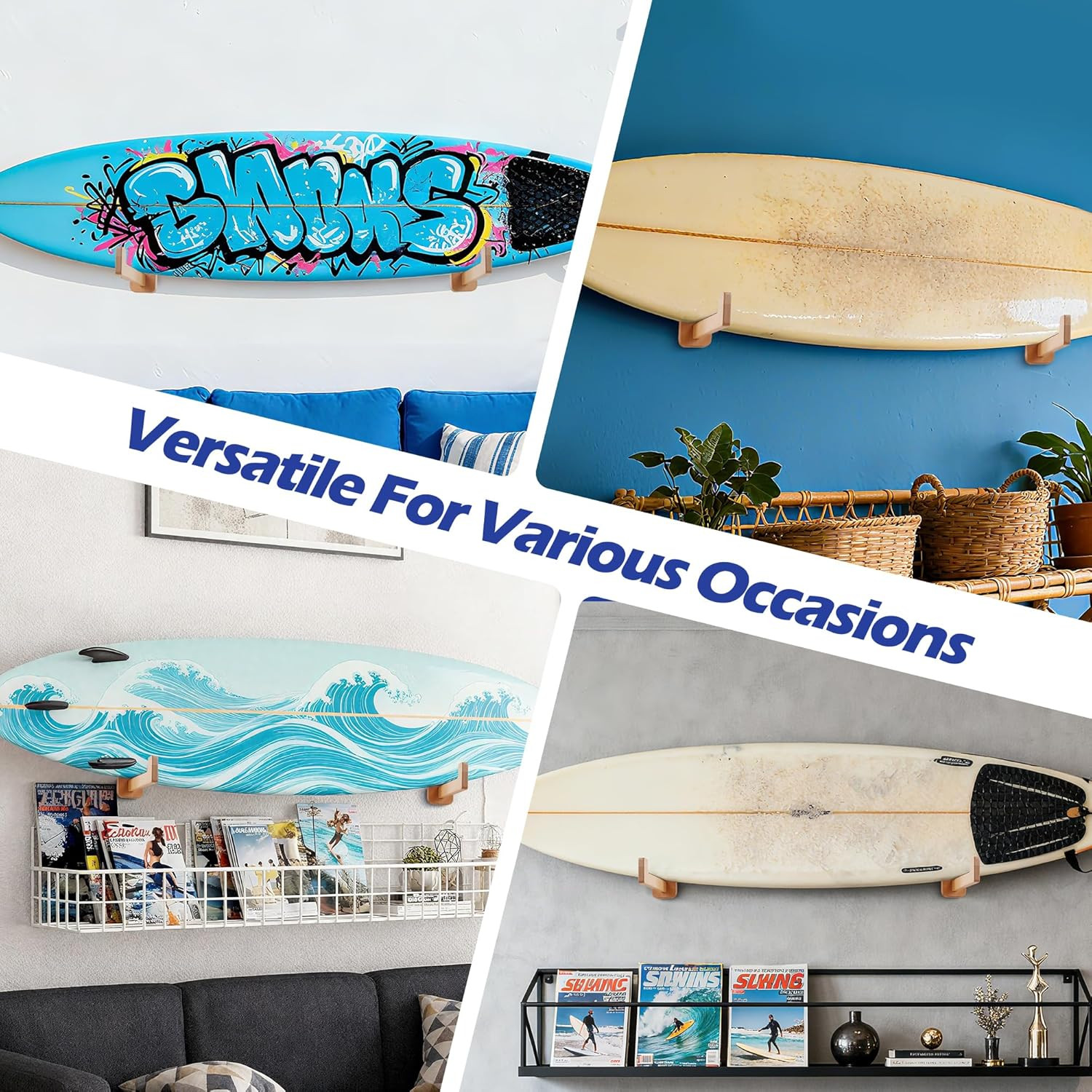 Surfboard Wall Mount – Durable Beech Wood Surfboard Rack for Wall with Non-Slip