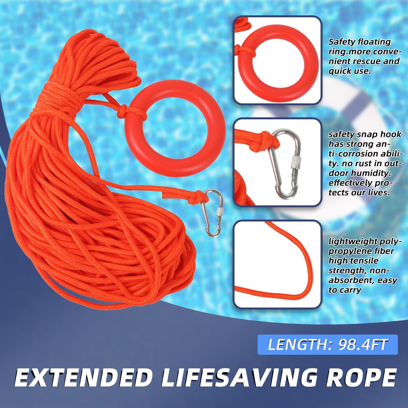 20″ Foam Life Preserver Ring & 98.4ft Floating Rope, Pool Safety Float, Boat Res