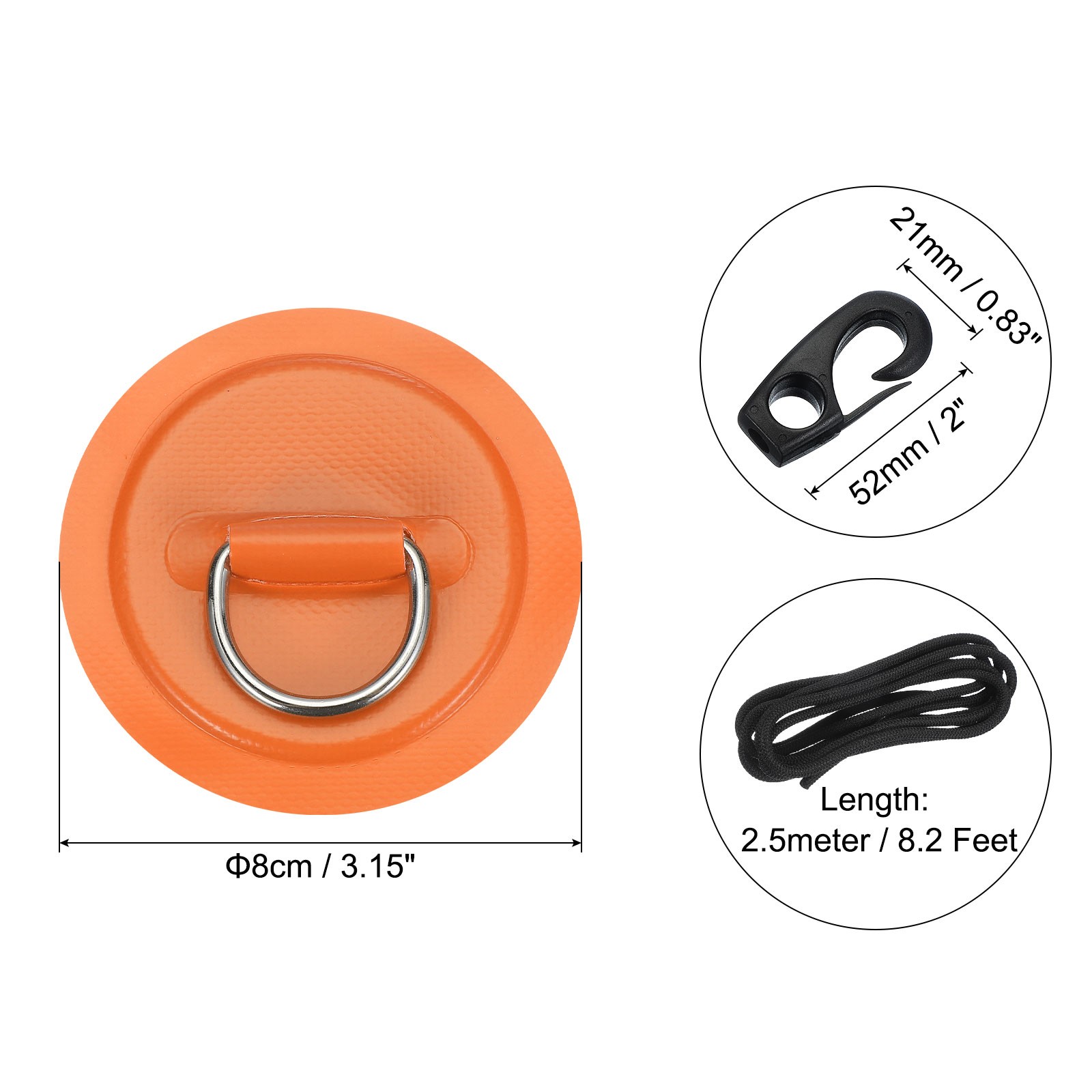 6Pcs Stainless Steel D-Ring Patch Round Patch with Elastic Cords & Hooks Orange