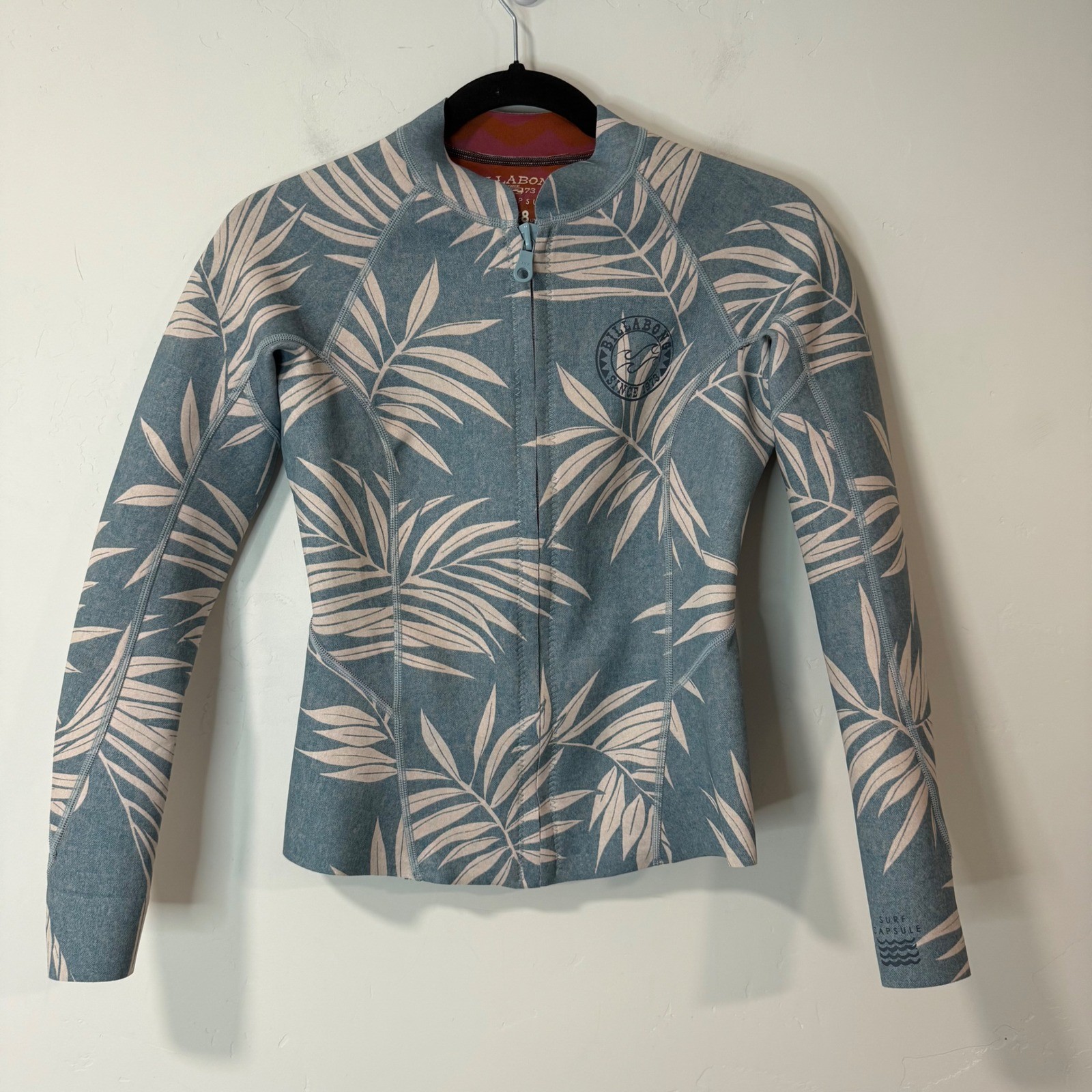 Billabong Womens Cheeky Wetsuit Jacket 8 Blue Palm Print Surf Capsule 2mm Zip
