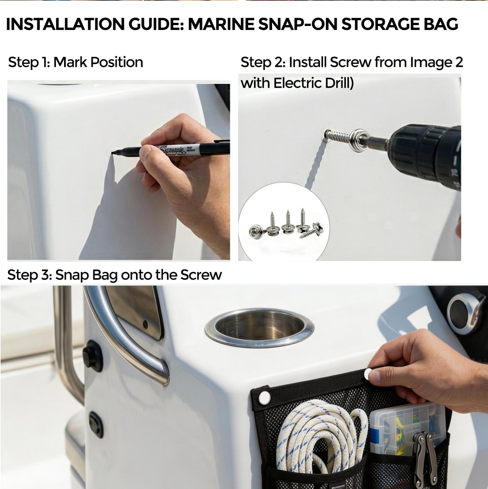 Black Large Marine Mesh Double Pocket Boat Gear Storage Bag Screw Snap Mount