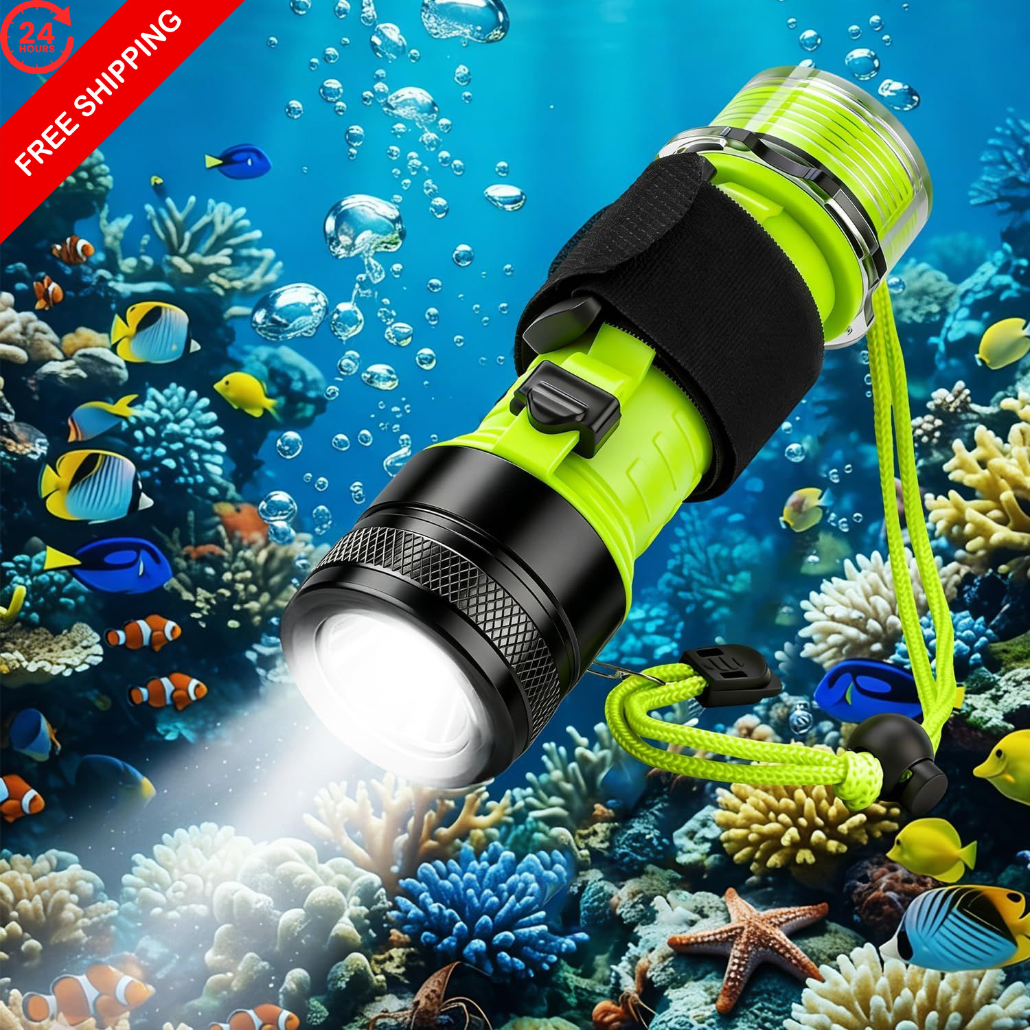 FISHOAKY Diving Flashlight Underwater LED Light, 1500 Pocket Size, Black