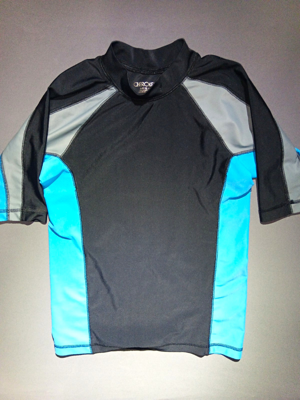 Pre-Owned Kids Cherokee Rash Guard Swim Shirt Short Sleeve Black Gray Blue