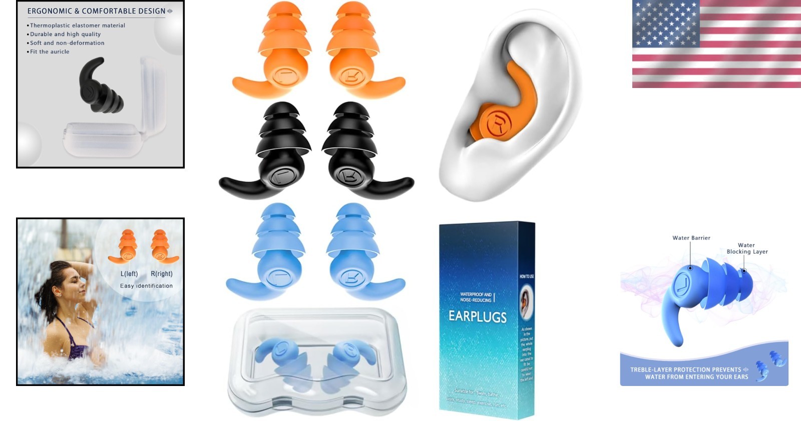 Waterproof Swimming Ear Plugs for Adults, 3 Pairs Reusable Silicone Swimmer E…