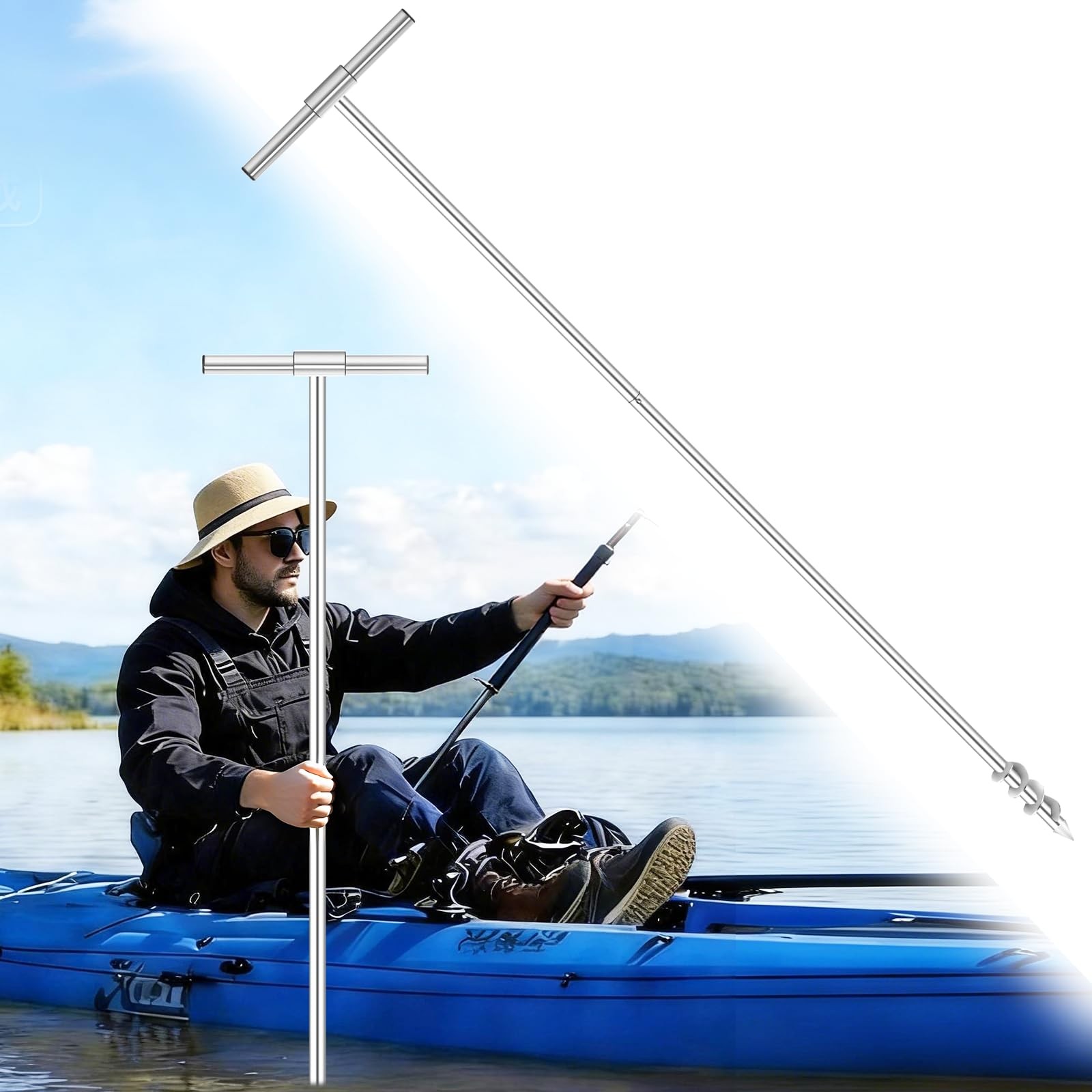 9.8FT Shallow Water Anchor, Portable Stainless Boat Anchor Pole, Quick-Lock B…
