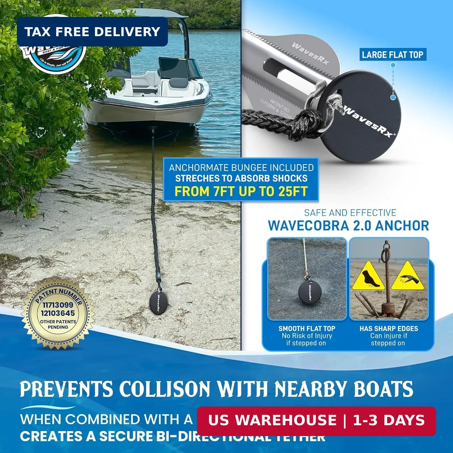 WAVESRX Patented Aluminum Spike Beach Anchor | Ultra-Light PWC, Jet Ski & Sand A