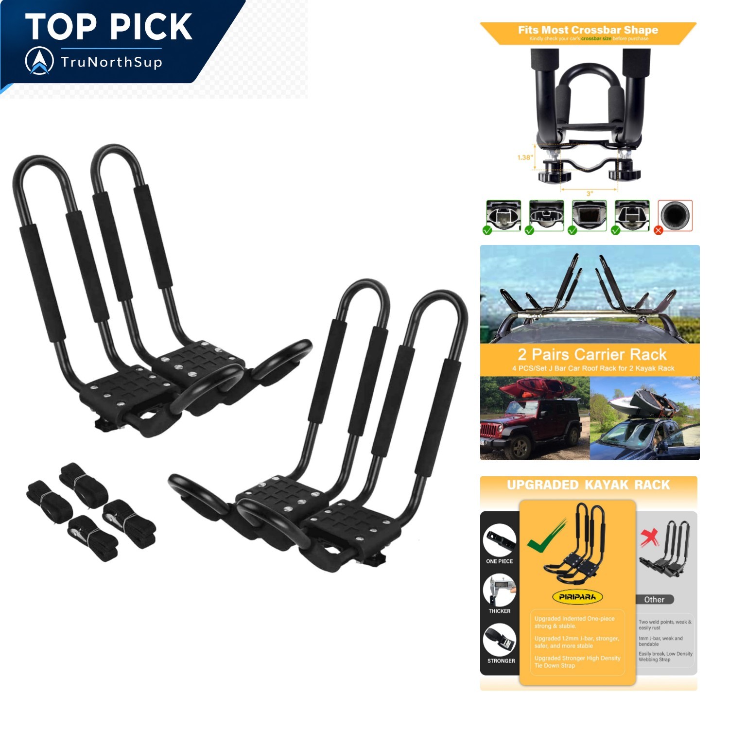 Kayak Roof Rack 2 Pairs J-Bar Carrier Holder for Canoe SUV Car Truck Surf Ski