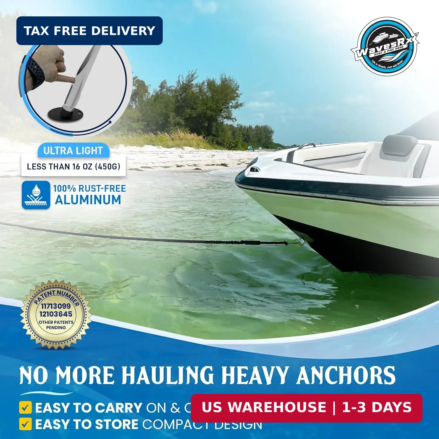 WAVESRX Patented Aluminum Spike Beach Anchor | Ultra-Light PWC, Jet Ski & Sand A