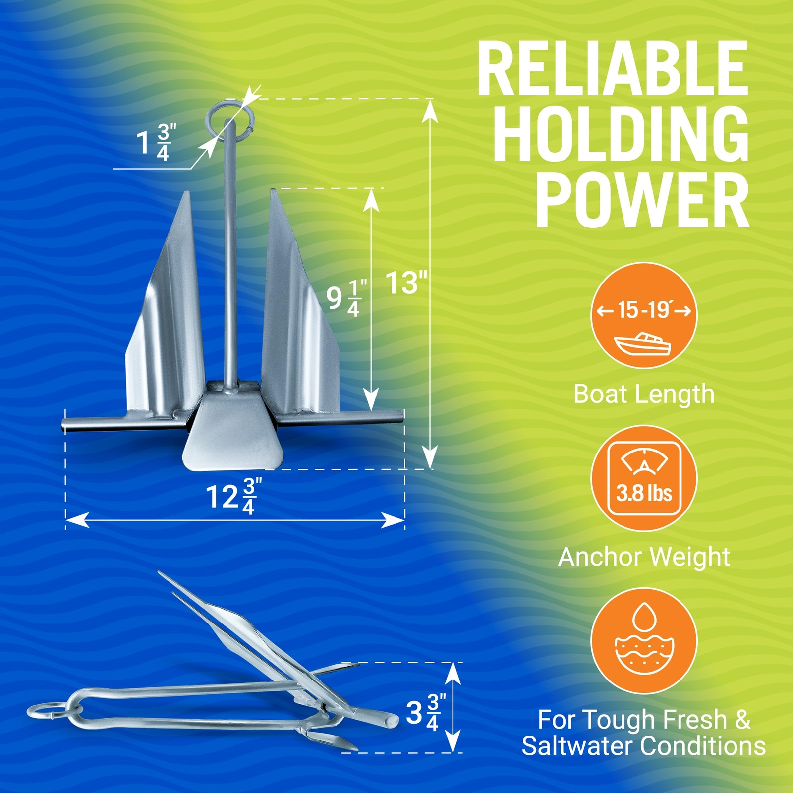 Boat Anchor with Slip Ring, Fluke Design Galvanized Steel 5 lb Anchor