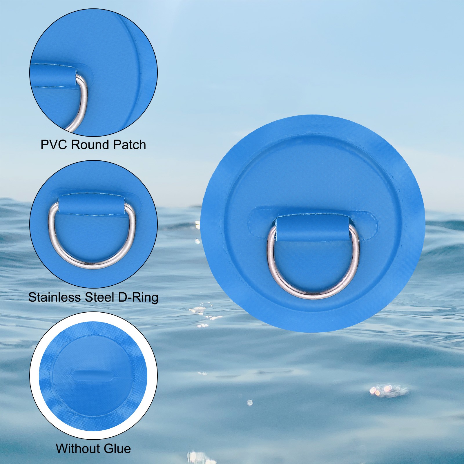 12Pcs 3.1″ Paddle Board D Rings Stainless Steel D-Ring Patch Blue