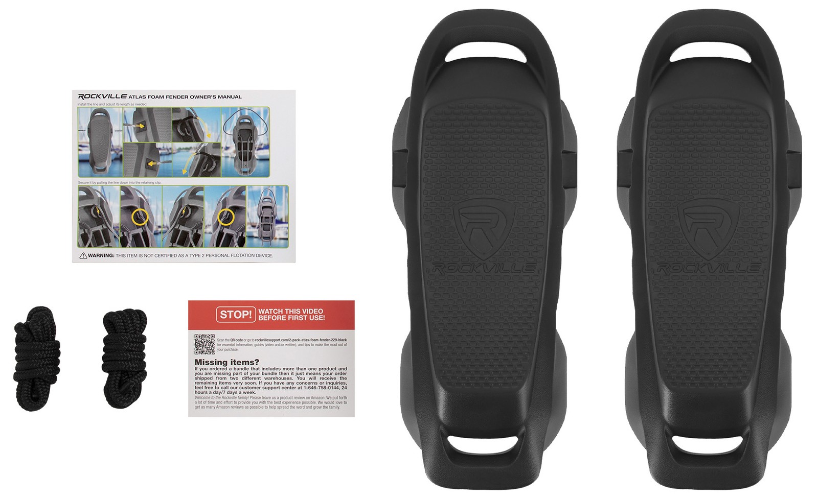 Rockville 2 Pack Atlas Foam Fender Black 22″x9″ Boat Bumper No-Knot/Quick Adjust