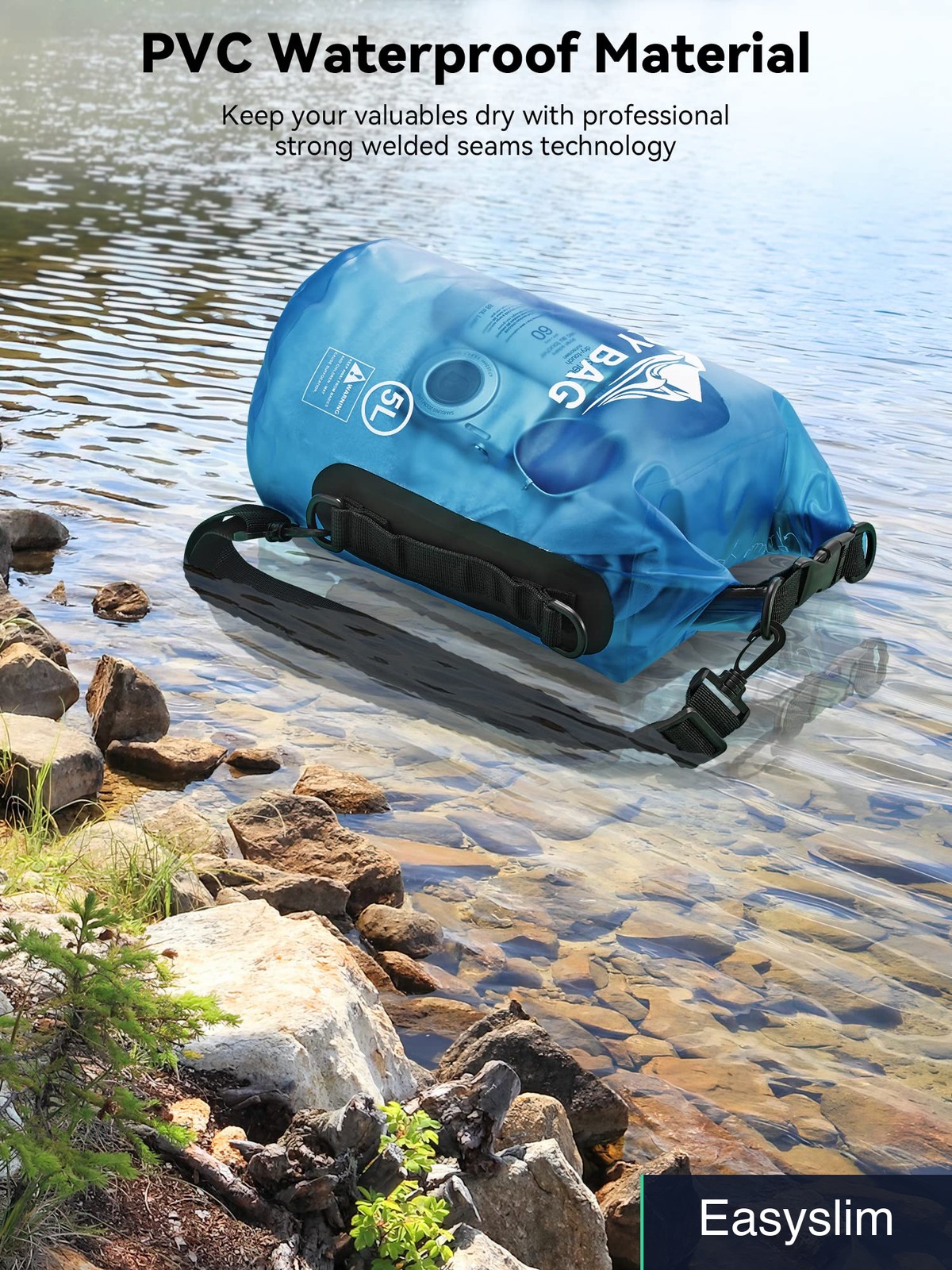 Waterproof Dry Bag 5L Transparent Blue Roll Top Lightweight Travel Camping