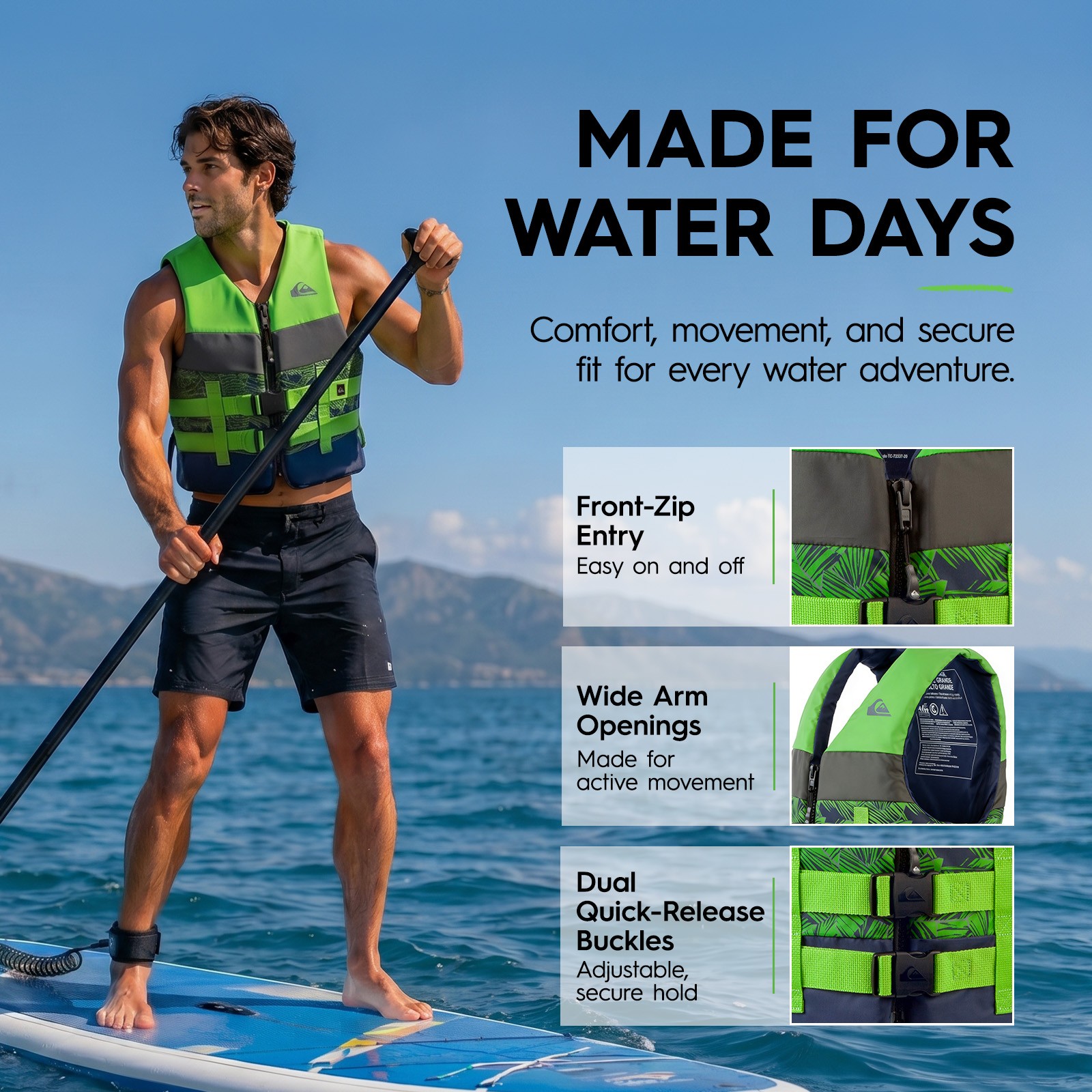 QUIKSILVER Men’s Life Jacket Adult Kayak Life Vest Lightweight – USCG Approved