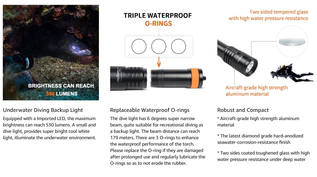 ORCATORCH D580 Scuba Dive Light, Max 530 Lumens Underwater Flashligh w/ 6Degrees