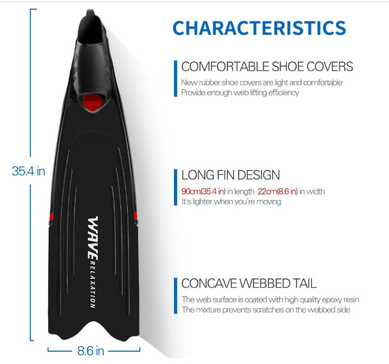 Wave Long Blade Diving Fins Full Pocket Size 5.5-6.5 New In Bag