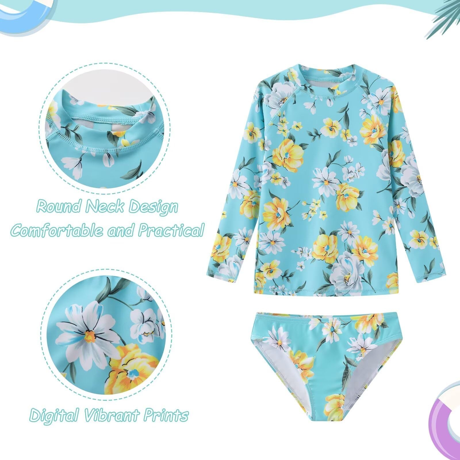 Girls 3 Piece Swimsuits Set for Girls Long Sleeve Rash Guard Swim Set Hawaiia…