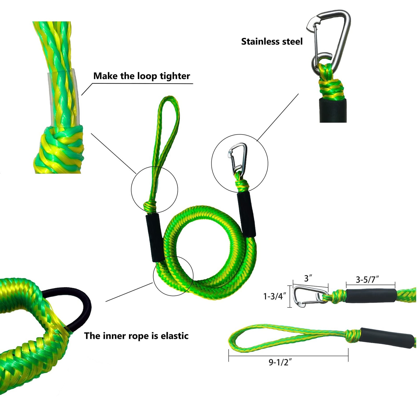 4FT Boat Bungee Dock Line Marine Rope 2-Pack for Docking with 316 Stainless S…