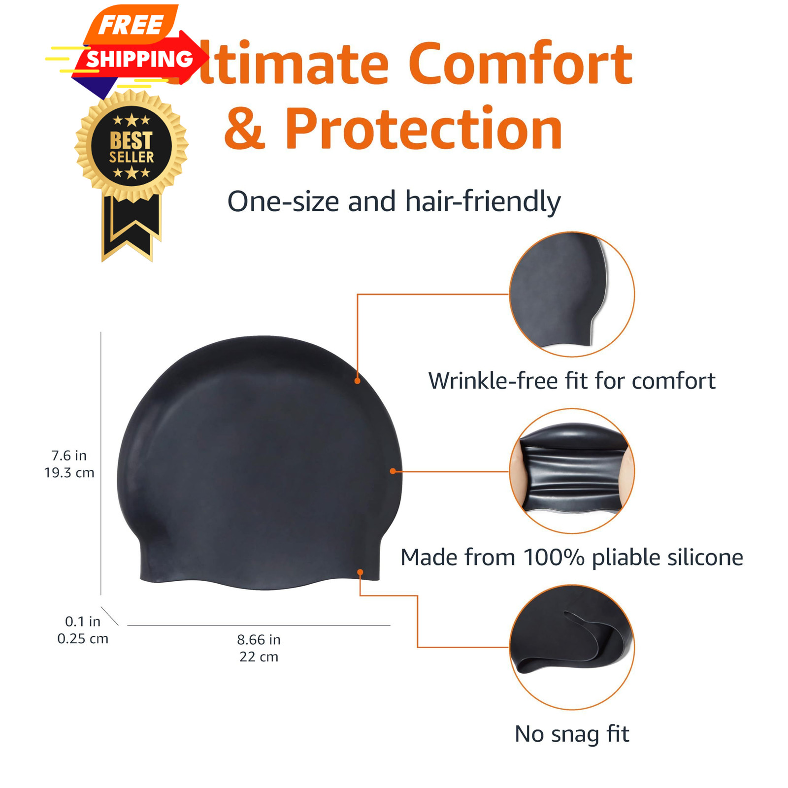 Amazon Basics Silicone Swim Cap to Keep Hair Dry, Unisex, Soft, 1 Pack, Black