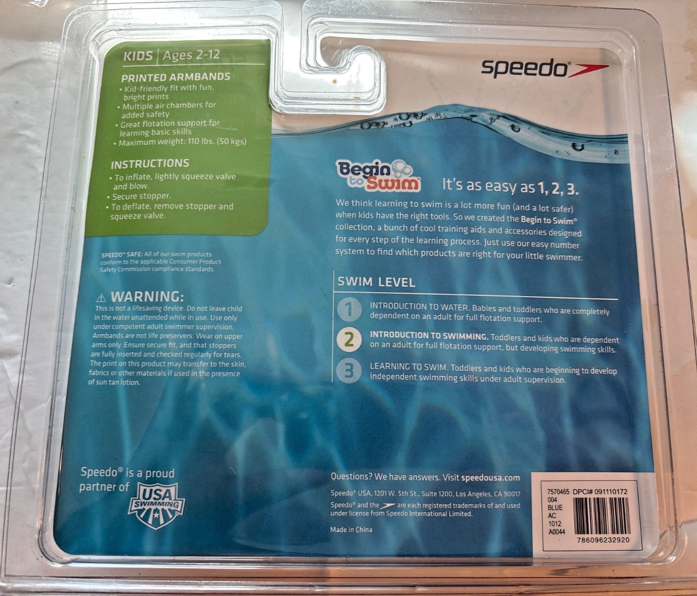 Inflatable Arm Bands Ages 2-12 Swim Level 2 Speedo Blue Fabric