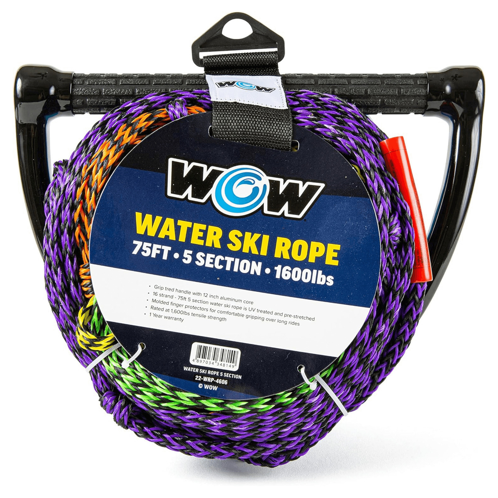 WOW Watersports 75ft 5-Section Pre-Stretched Water Ski Rope, w Finger Protectors