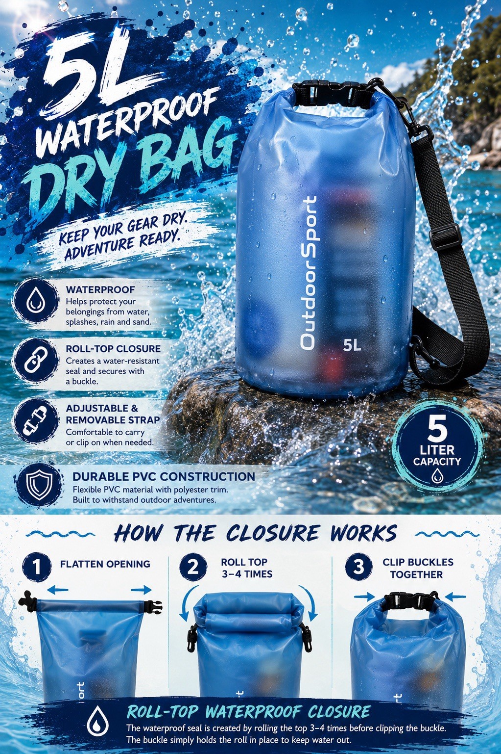 Embrace Earth’s Element Dry Bag 5L Waterproof Roll Top Bag w/ Strap Brand New