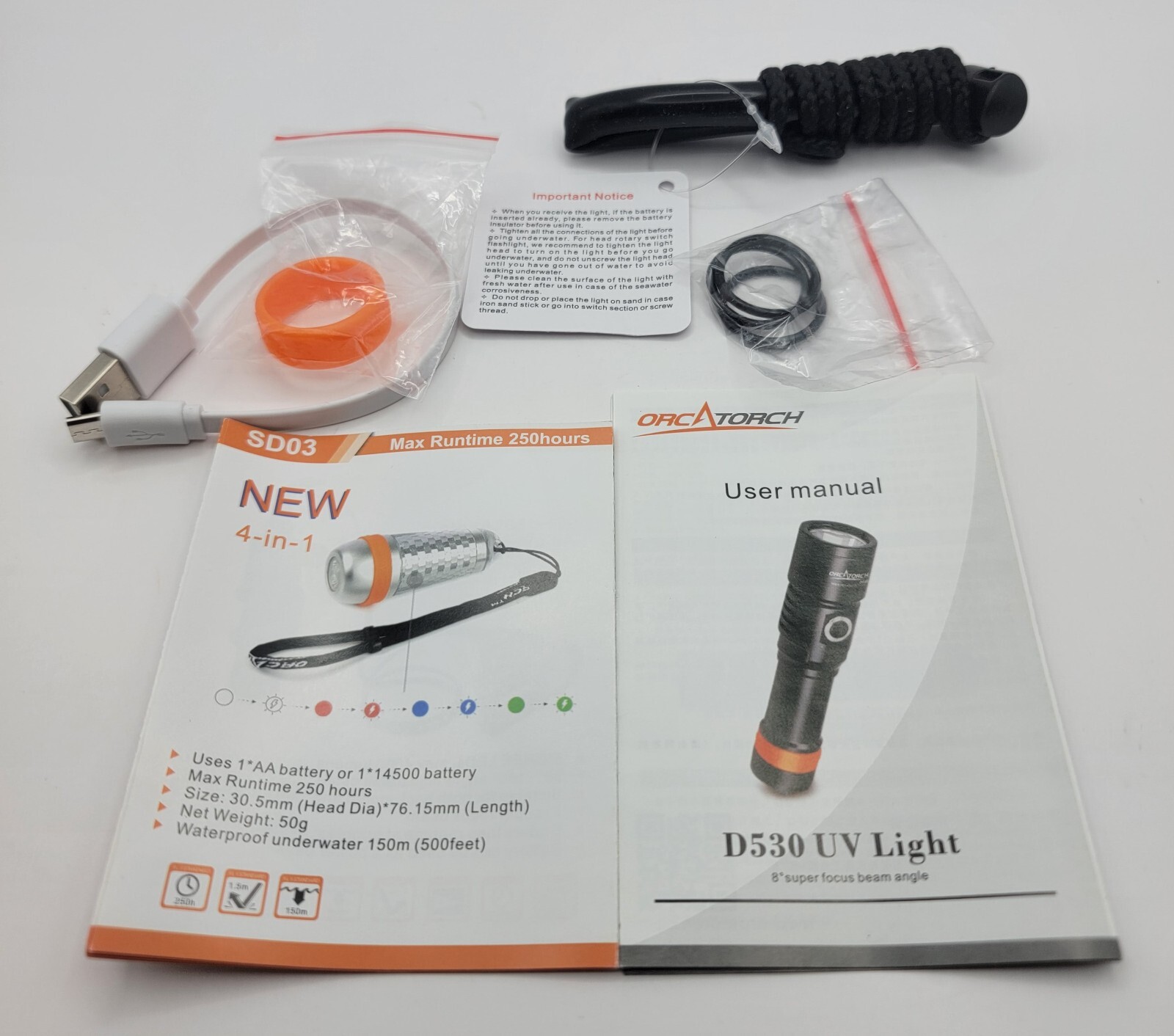 ORCATORCH D530V 1300 Lumens Scuba Diving Light 150 Meters 8 Degree Beam Angle