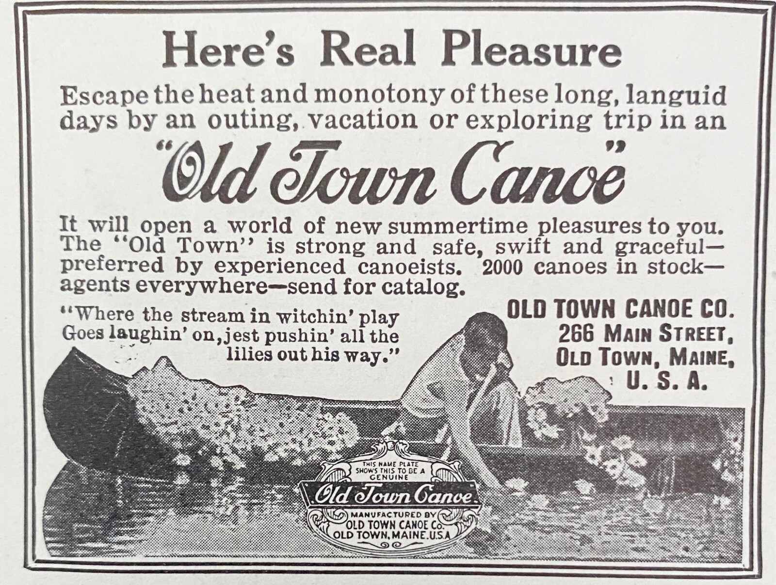OLD TOWN CANOE CO Maine ~Real Pleasure~ Man in Boat Pushing Lilies 1914 Print Ad