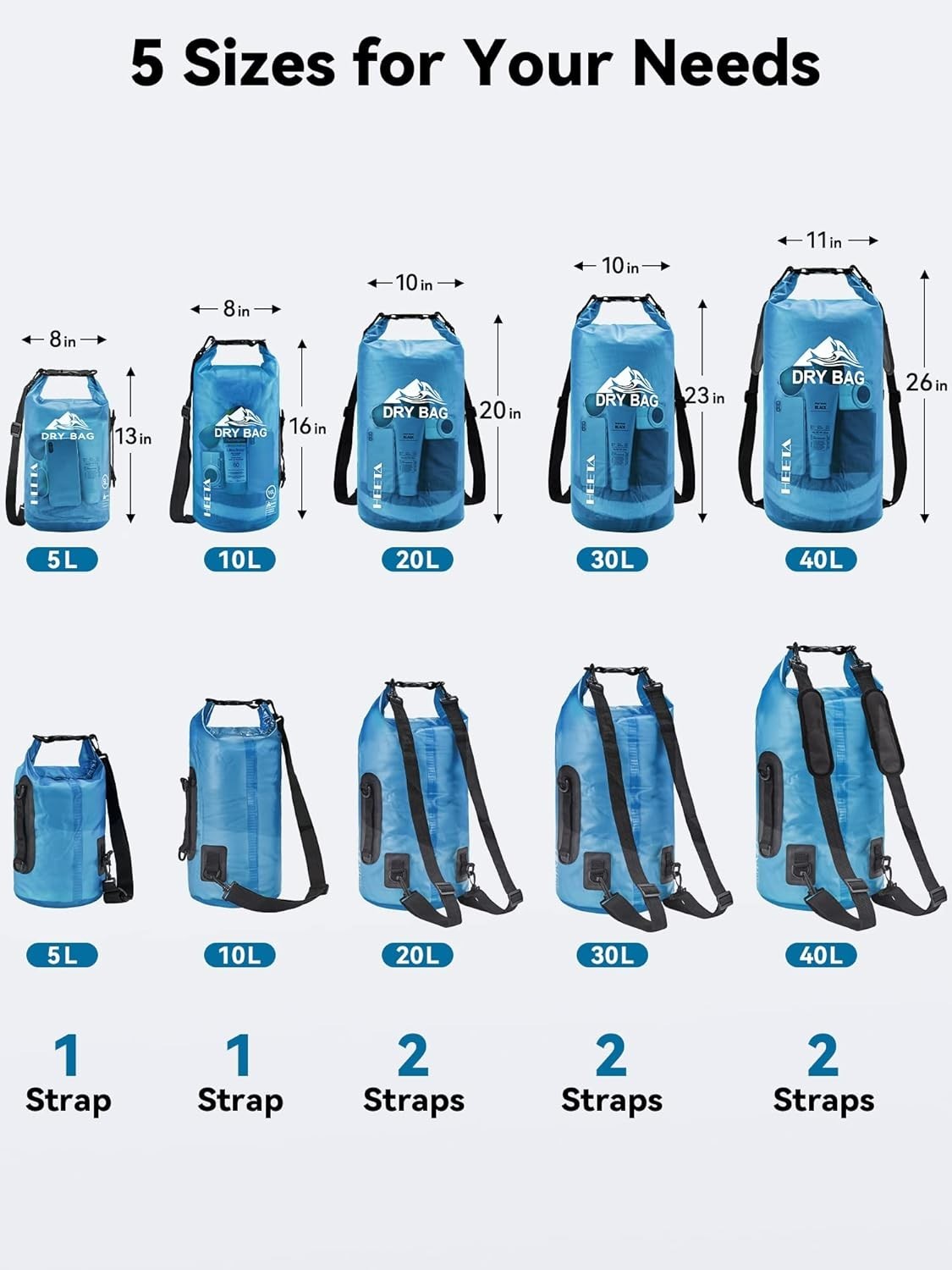 HEETA Dry Bag Waterproof for Women Men, 5L/10L/20L/30L/40L Roll Top Lightweight