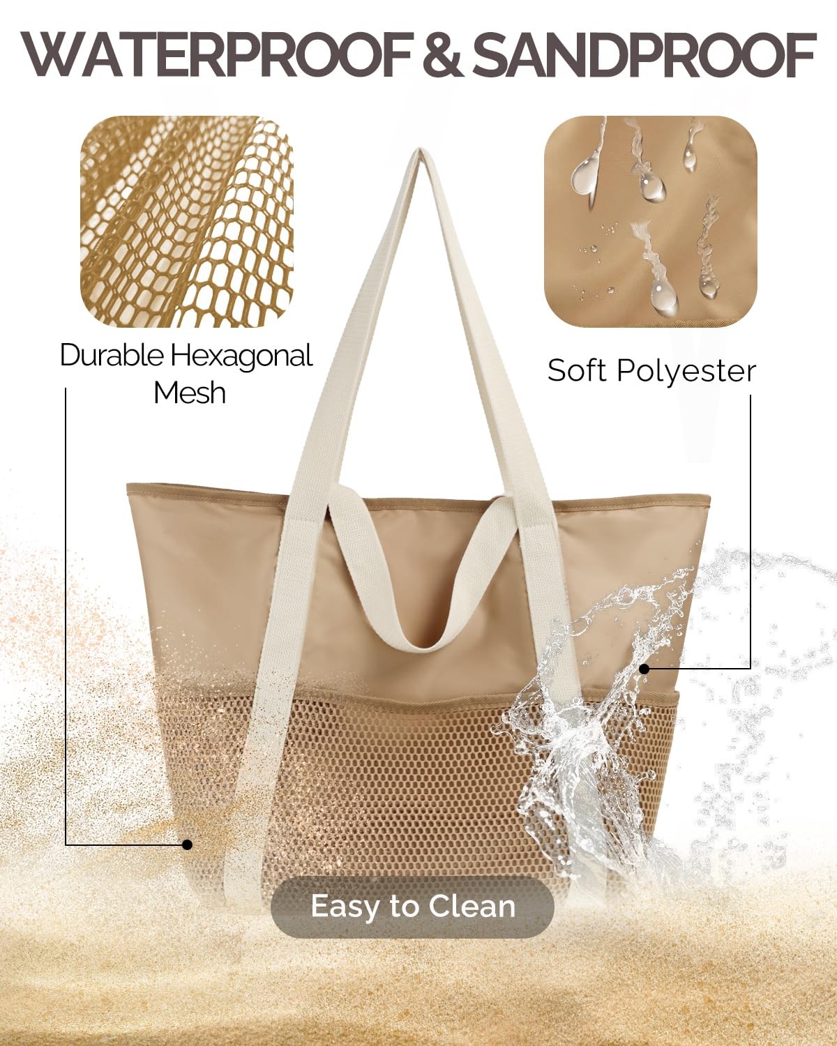 HOMESPON Mesh Beach Bag Sandproof Water Resistant Tote Zipper Medium, Khaki