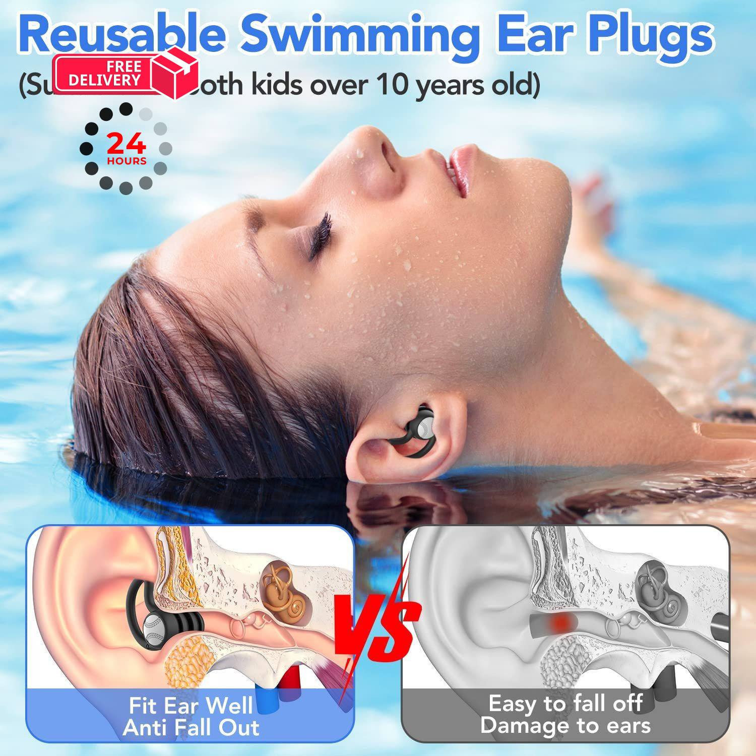 Swimming Ear Plugs Waterproof Earplugs – 3 1 pair (Pack of 3), Green, Black