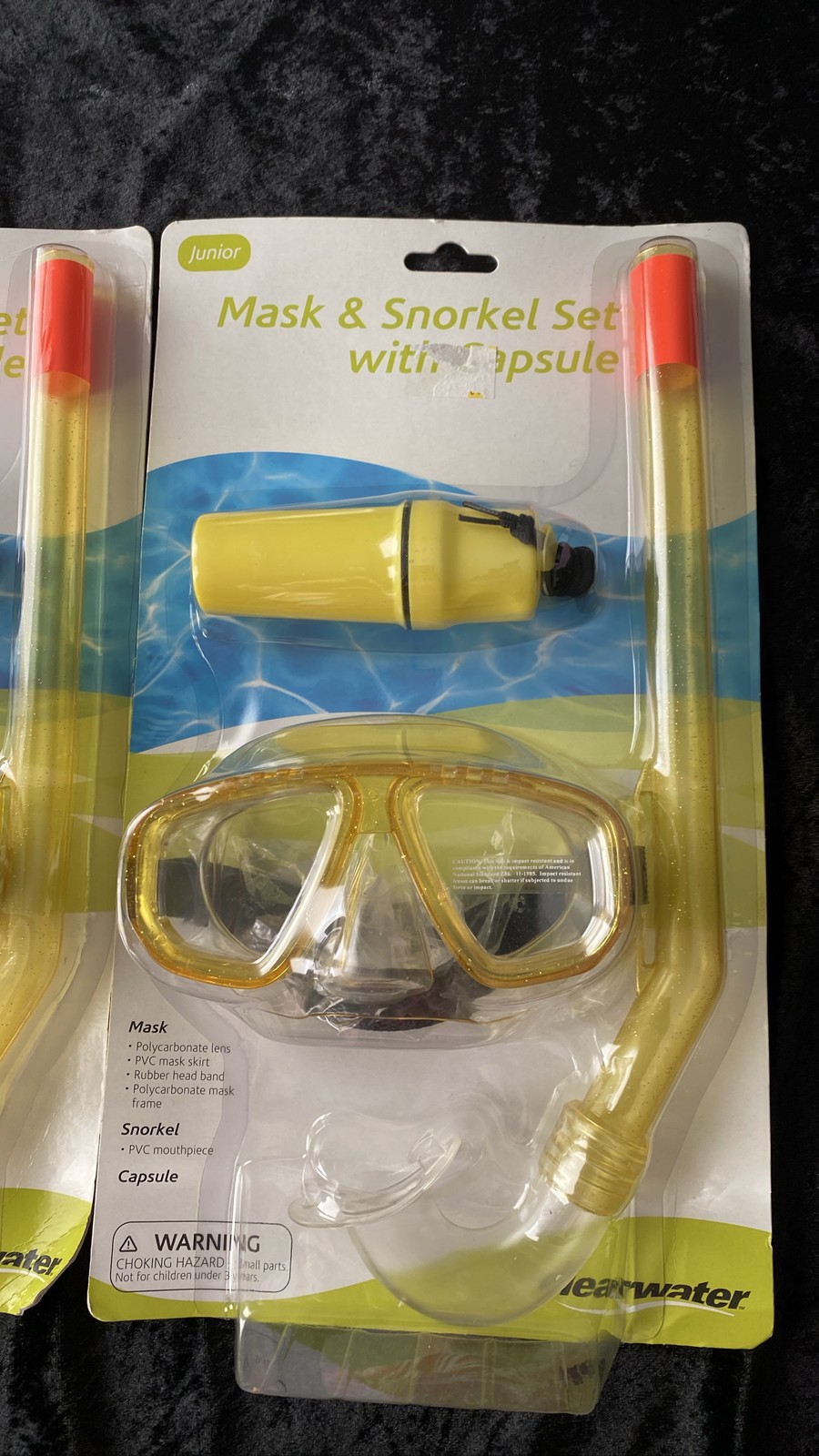 Pair Clearwater Junior Mask 5.5”w Snorkel 13.5” Set Capsule Yellow Kids Swimming