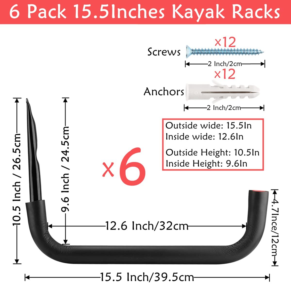 6 Pack Kayak Storage Hooks, 15.5 Inch Wall Mount Canoe Hangers, Heavy Duty Sn…