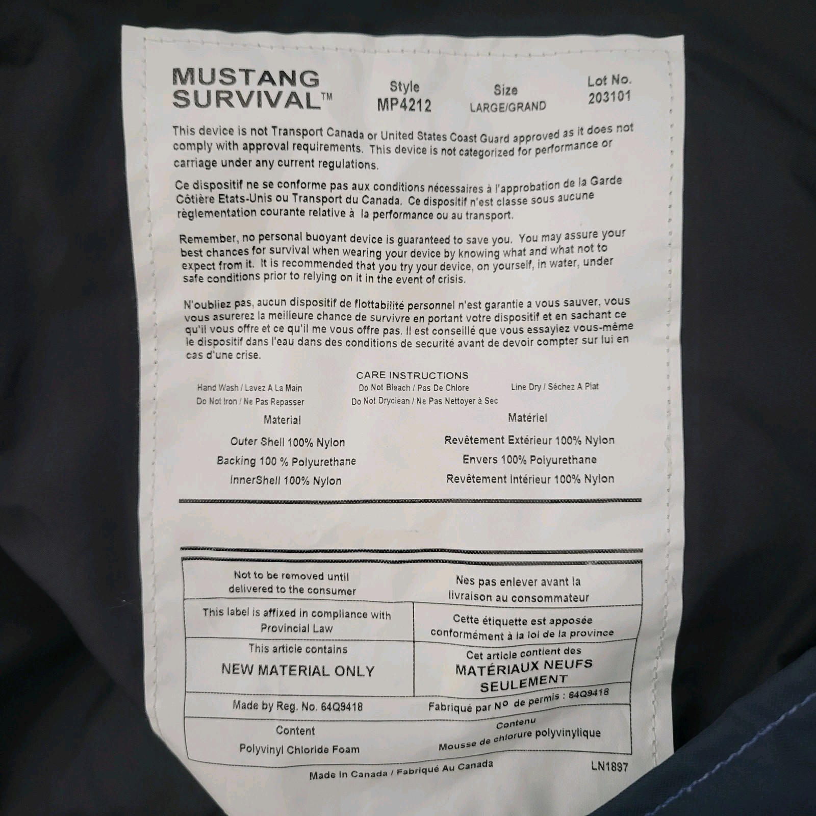 Mustang Survival MP4212 Classic Flotation Bib Size L US Naval Diving & Salvage