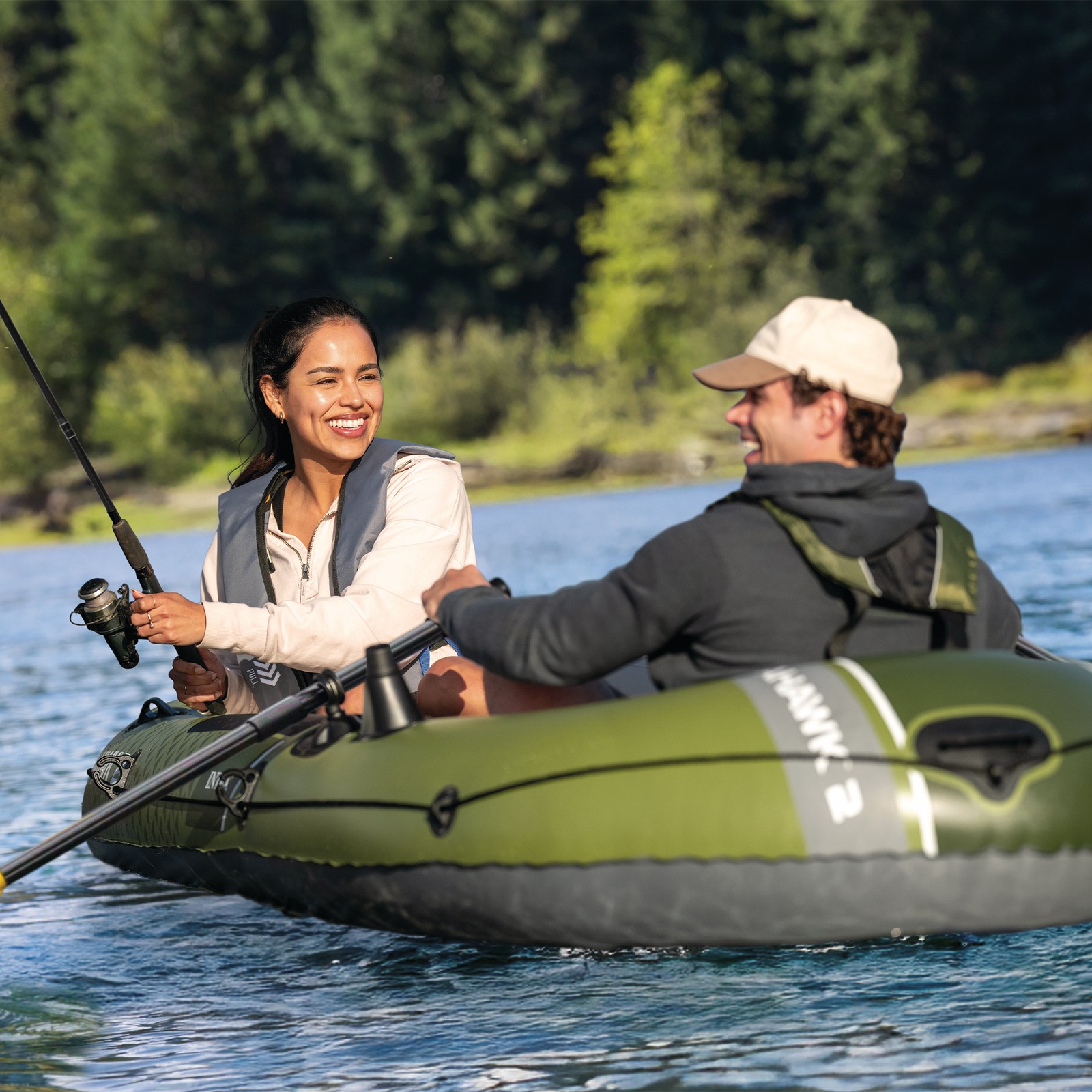 INTEX Seahawk 2 Inflatable Boat Set with 48″ Oars, Pump, & Rod Holders(Open Box)