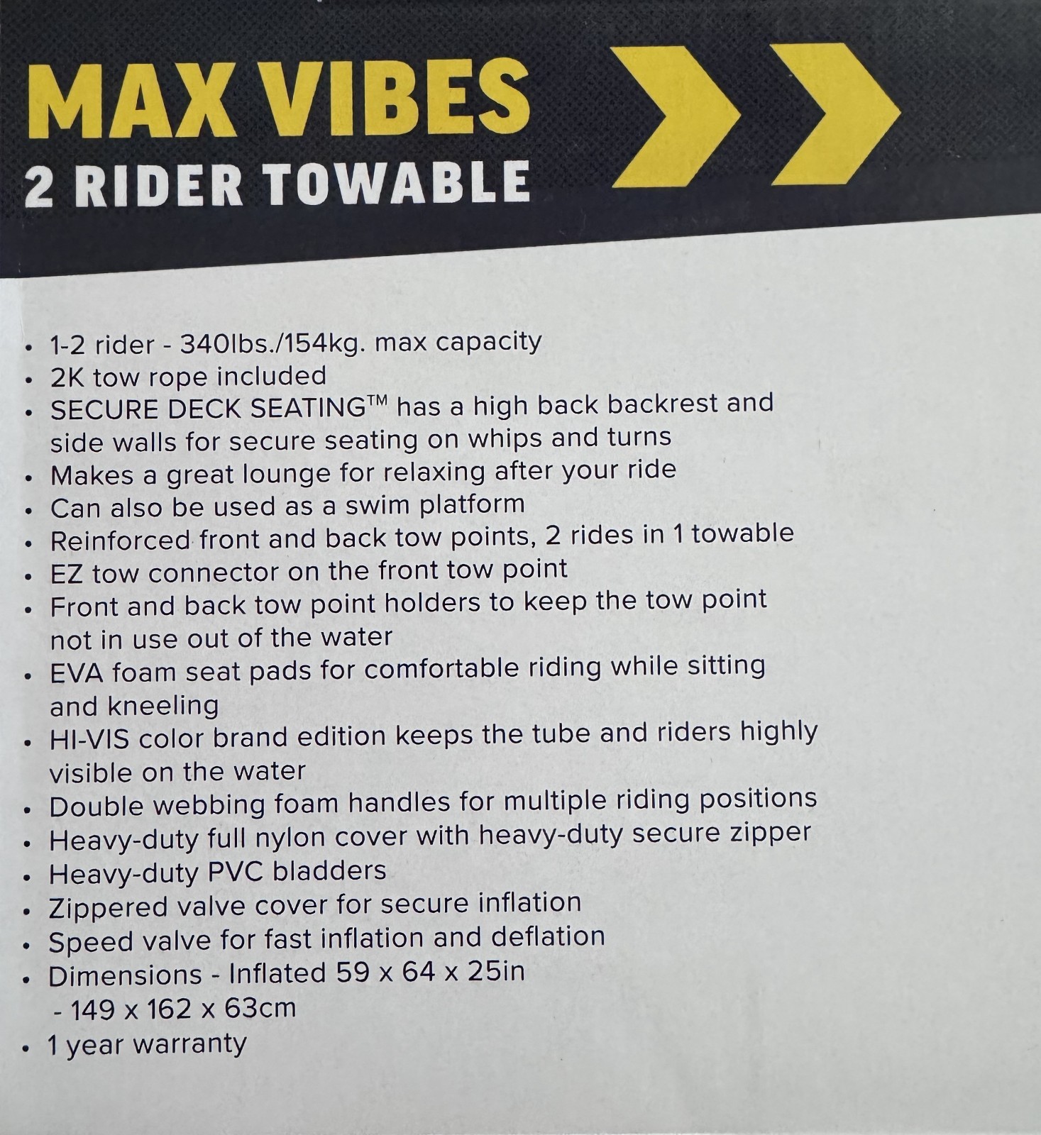 WOW Sports Max Vibes Towable 1-2 Person with Rope Tube Float for Boating