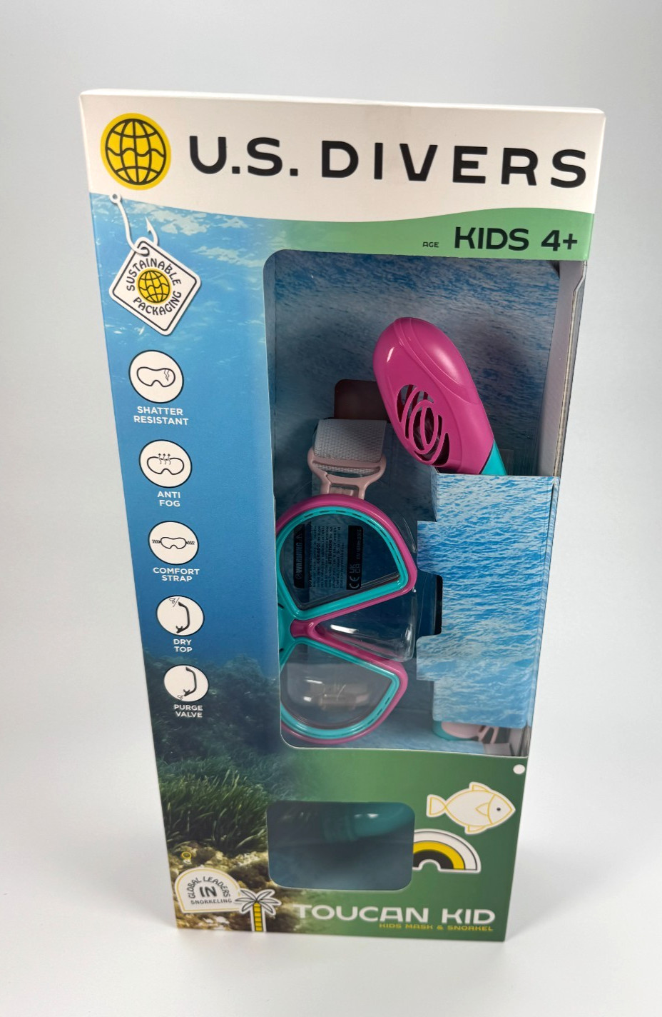 U.S. Divers Toucan Kid Mask & Snorkel Set Pink Teal Ages 4+ NEW In Box