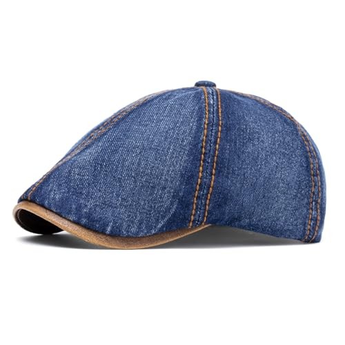 6 Panel Denim Newsboy Cap for Men Women Adjustable Cotton One Size Navy Blue