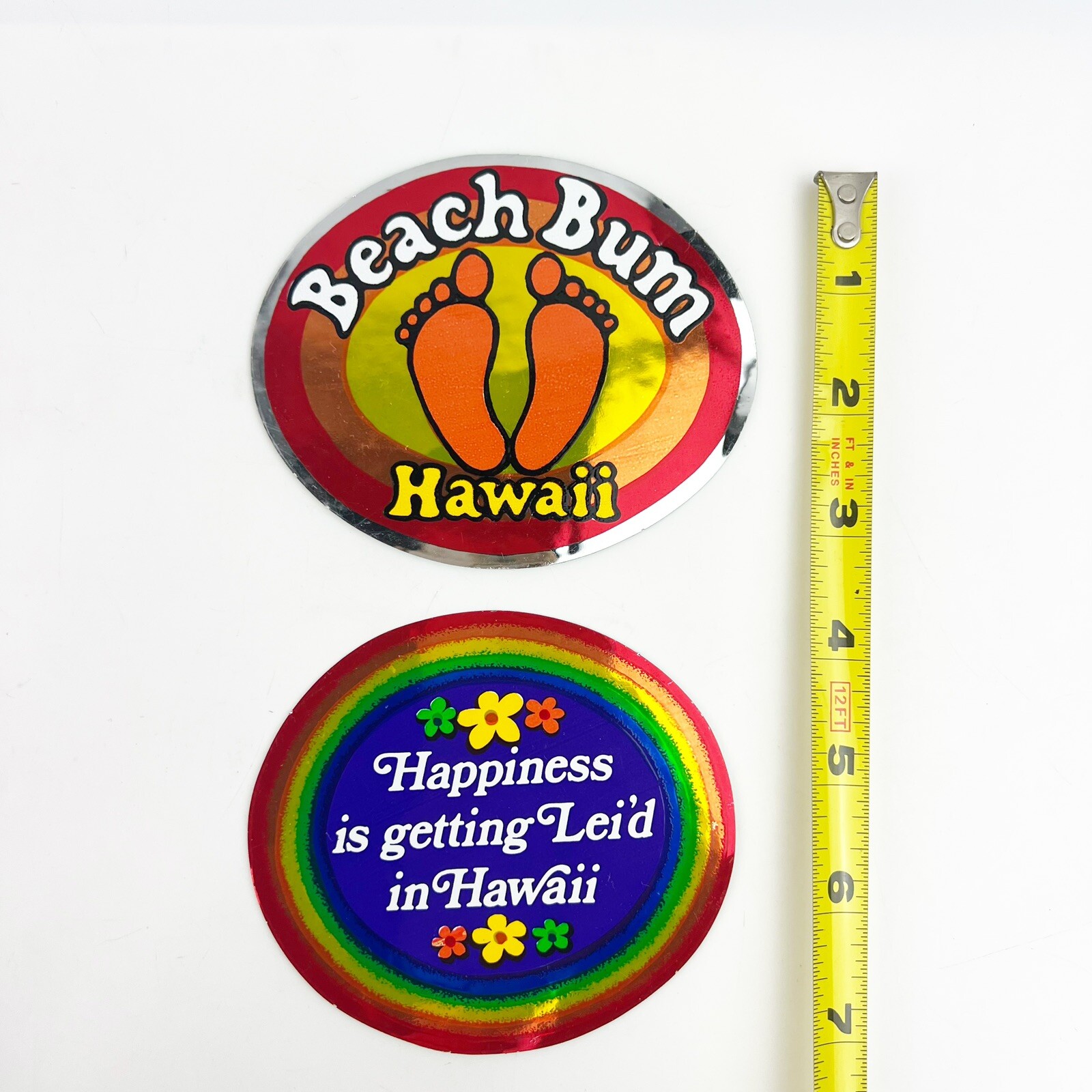 2 Vtg 80s Chrome Foil Decal Stickers Frank Turek Hawaiian Kine Kards Bum Lei’d